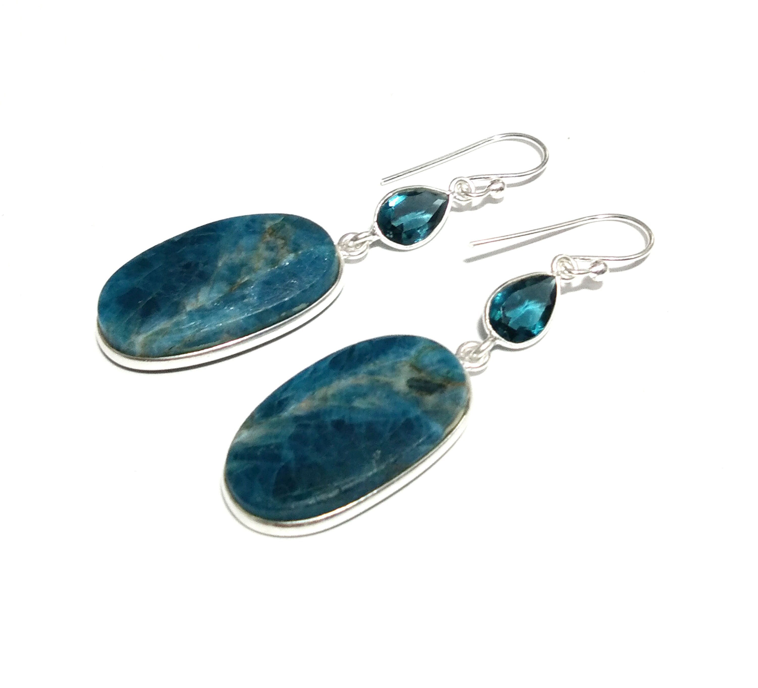 Natural Apatite, Blue Topaz Earring Stone, 925 Solid Starling Silver Earring, Blue Apatite Stone Size 26x15 mm Bridesmaids Gift Earring