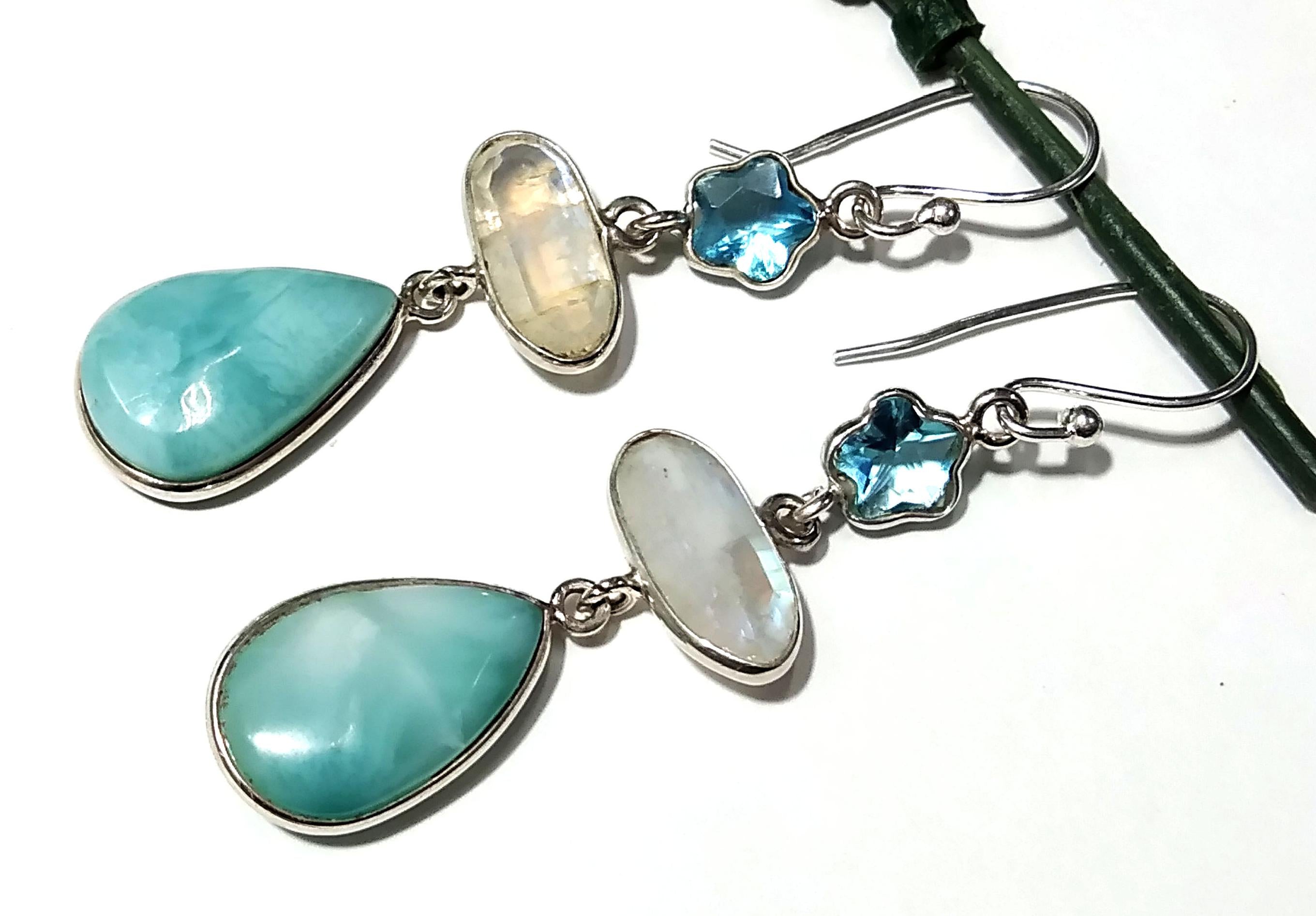 Natural Larimar,Rainbow Moonstone,Blue Topaz Stone Drop Earring, 925 Starling Silver Earring, Larimar Gemstone Wedding Earring, For Woman