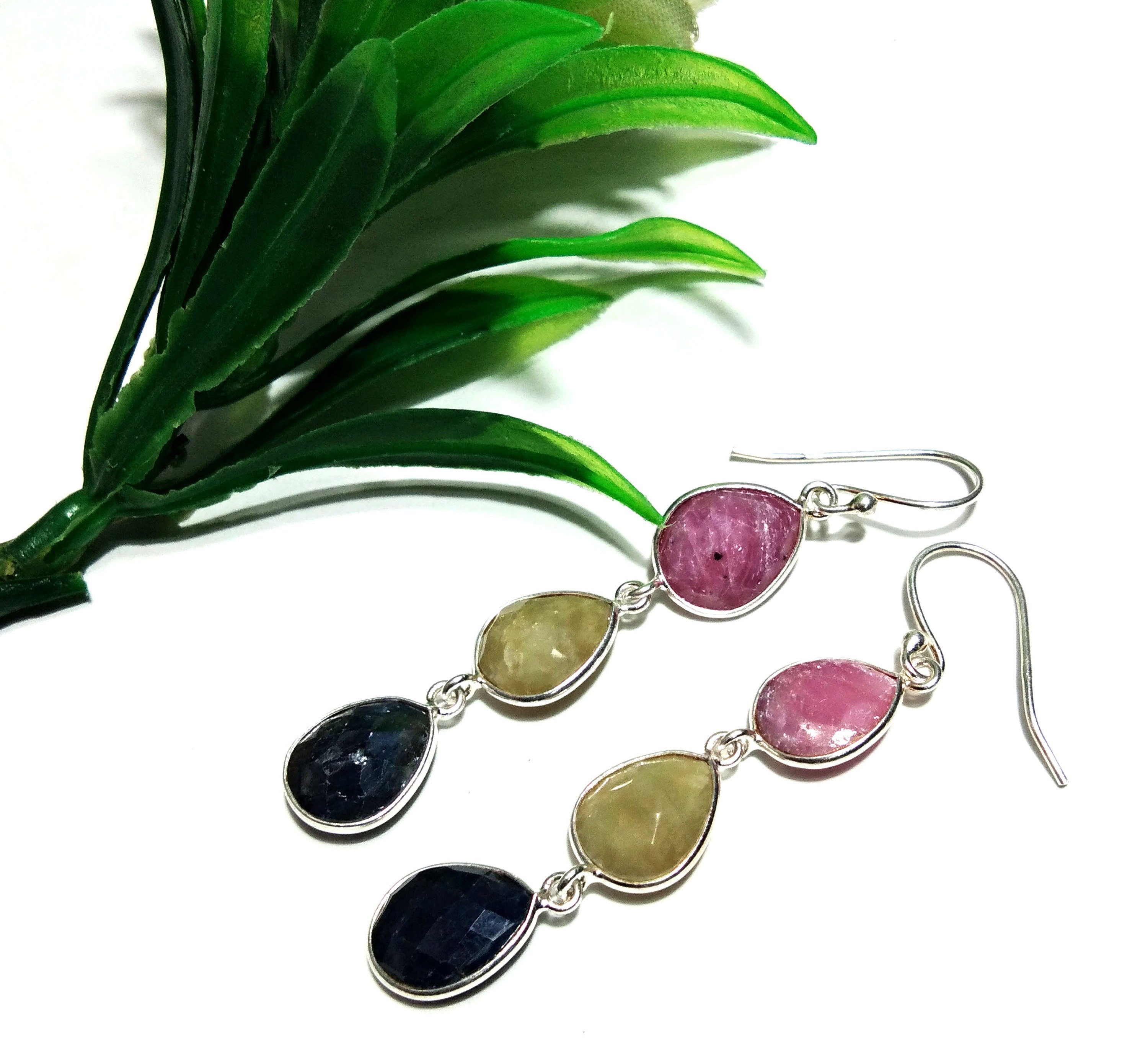 Natural Multi Sapphire Earrings Gemstone, 925 Solid Starling Silver Earring, Pear Shape Stone Size 11x9 mm For Gift Wedding Earring Birthday