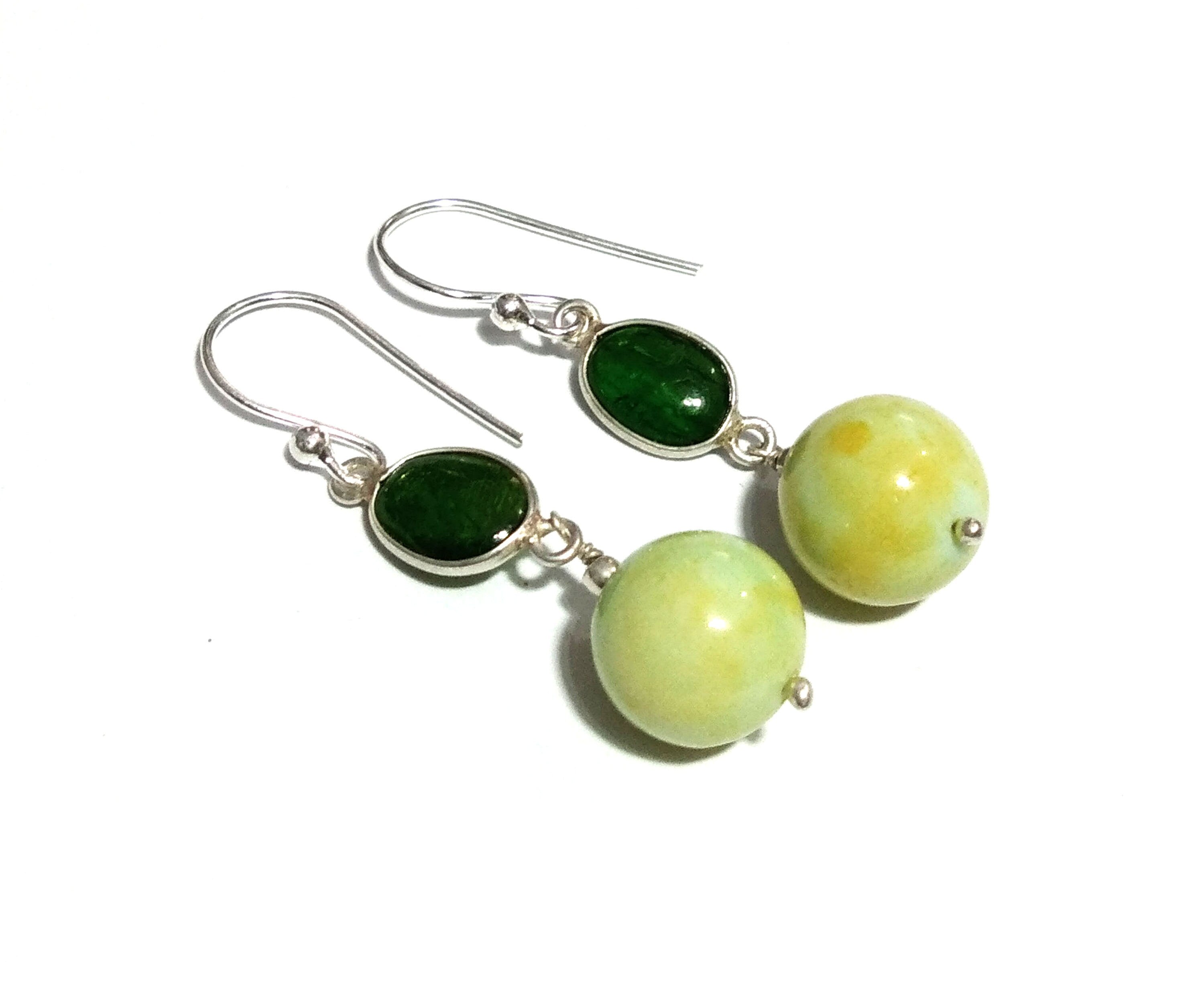 Natural Green Opal & Green Tourmaline Stone Earrings, Beautiful Design 925 Sterling Silver Earring, Green Opal Beads Earring For Girls Gifts