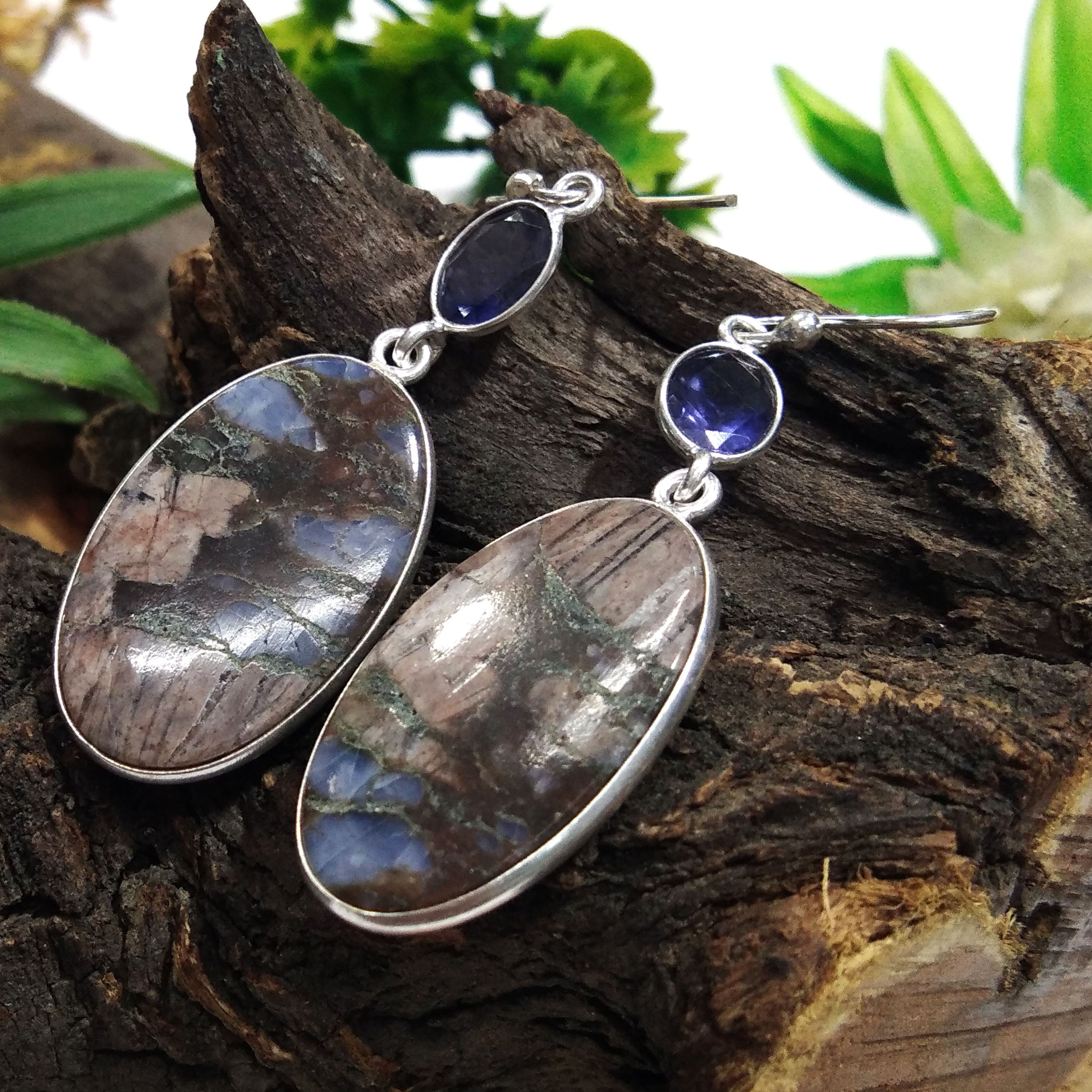 Natural Crazy Lace Agate, Iolite Gemstone Earring, 925 Solid Starling Silver Earring, Jewelry Stone Size 25x16 mm Gift Earring Birthday
