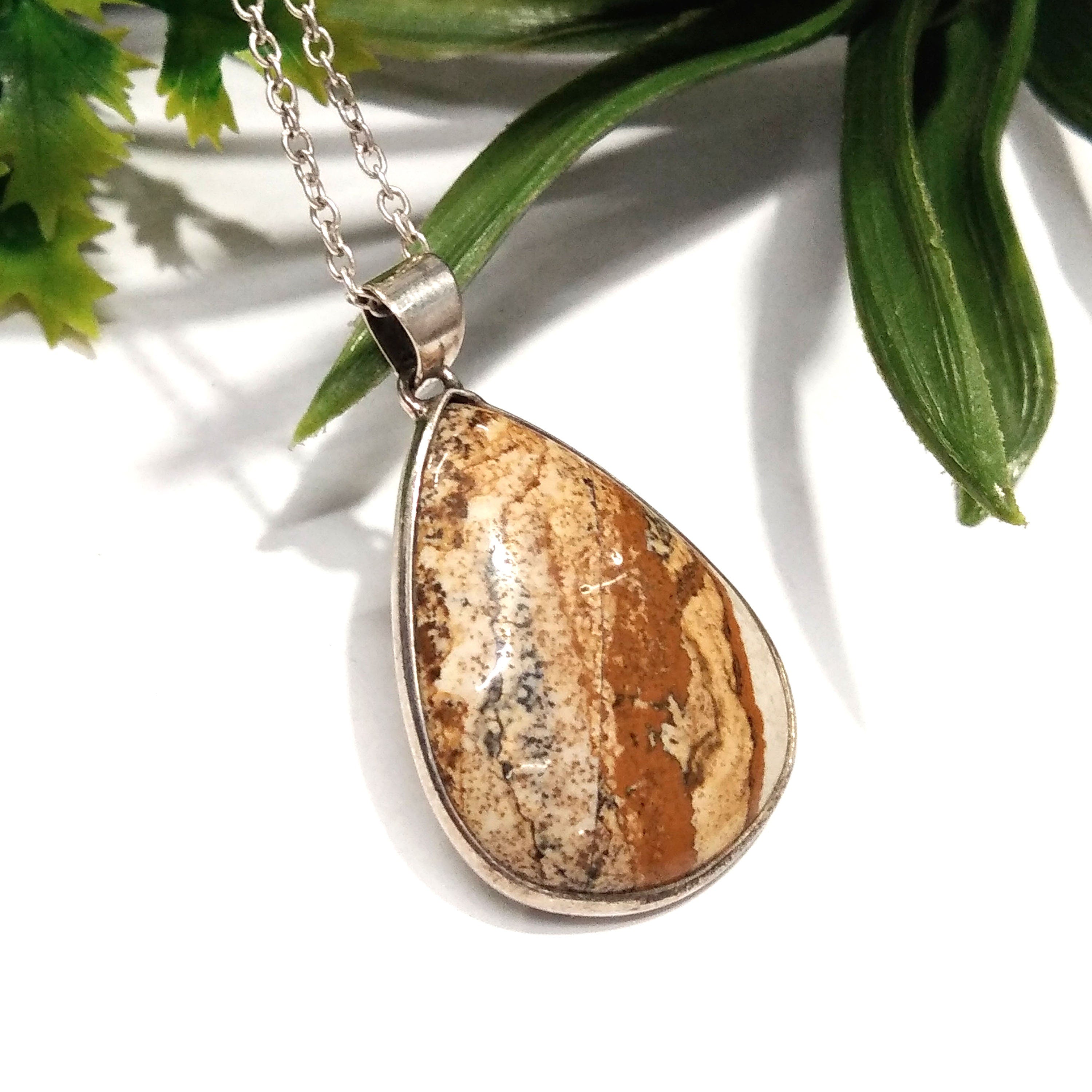 Natural Picture Jasper Stone Chain Pendant Necklace, 925 Starling Silver Pendant Necklace, Handmade Jewelry Stone Size 30x23mm Gift Pendant