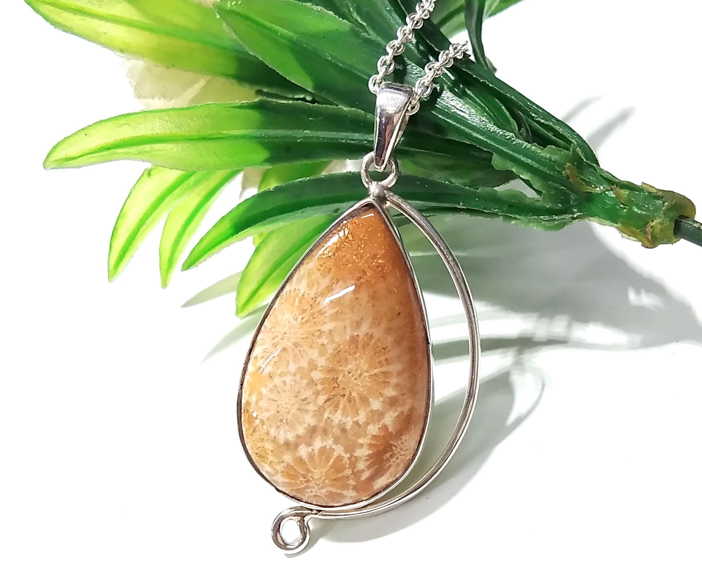 Good Quality Nature Fossil Coral Gemstone Pendant Chain Necklace With 925 Sterling Silver Pendant, Stylish Design Pendant, For Girls & Women