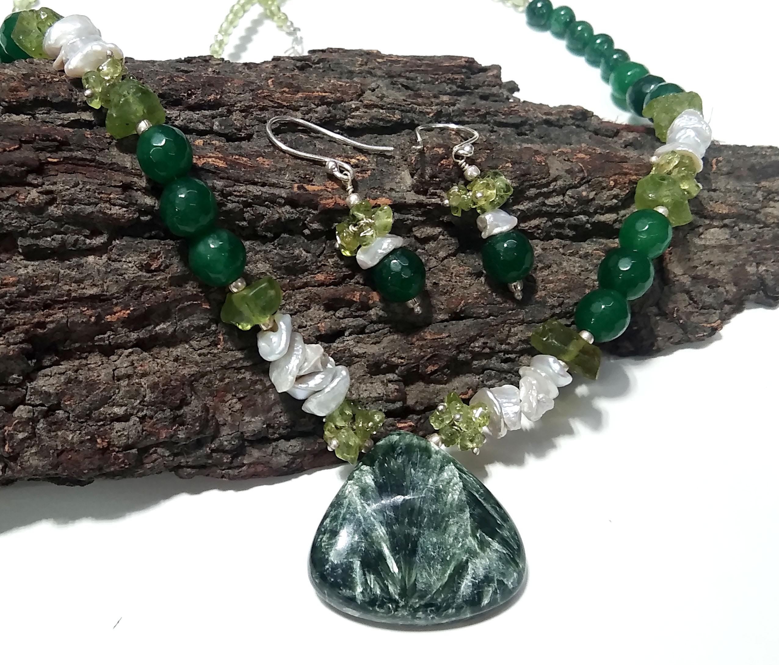 Natural Seraphinite/Peridot/Green Jade Gemstone Beads Necklace Set, Jewelry 925 Sterling Silver Necklace, Beaded Necklace Statement Jewelry