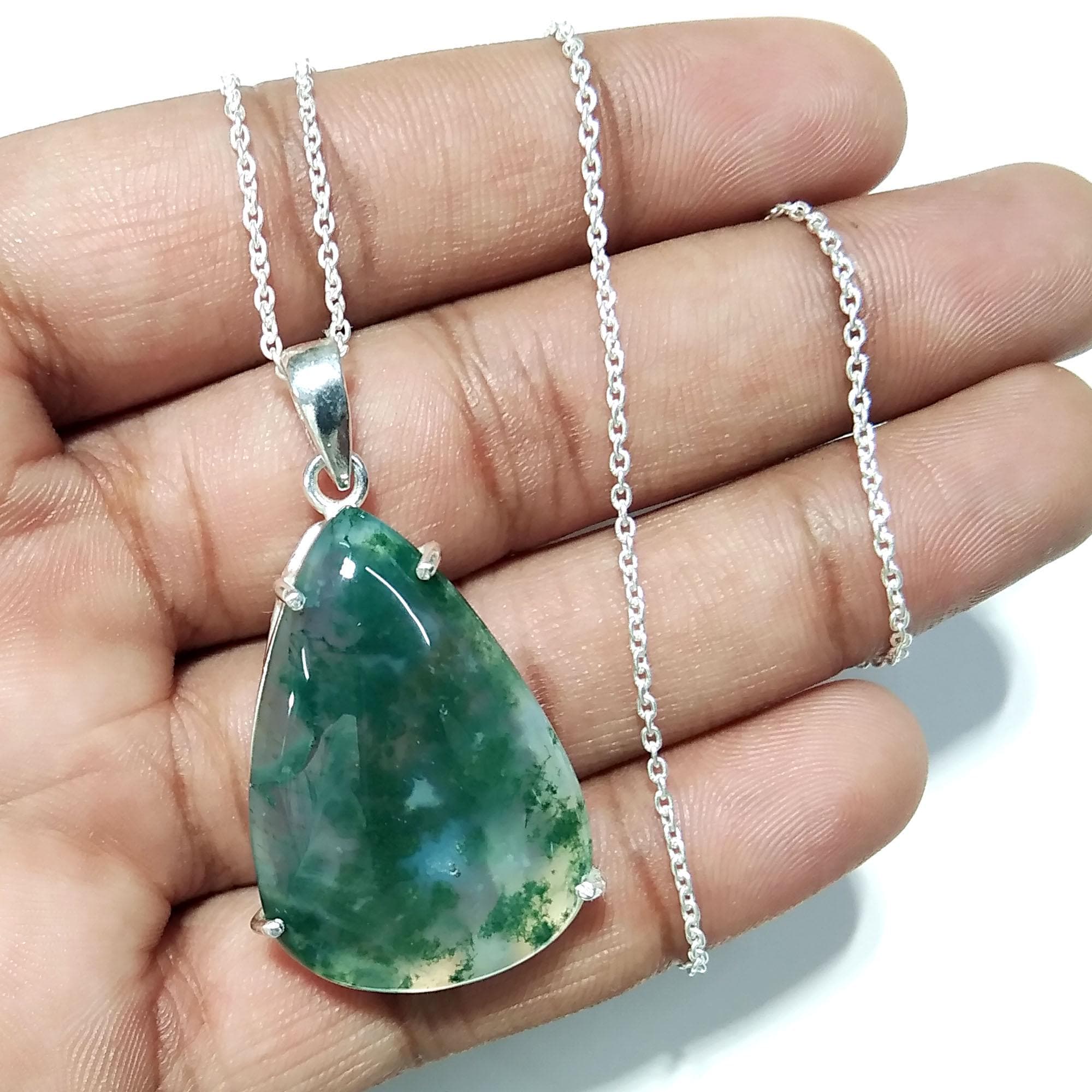 Natural Moss Agate Pendant Necklace, 925 Solid Sterling Silver Pendant, Amazing Design Gemstone Moss Agate Pendant Necklace, For Girls/Women