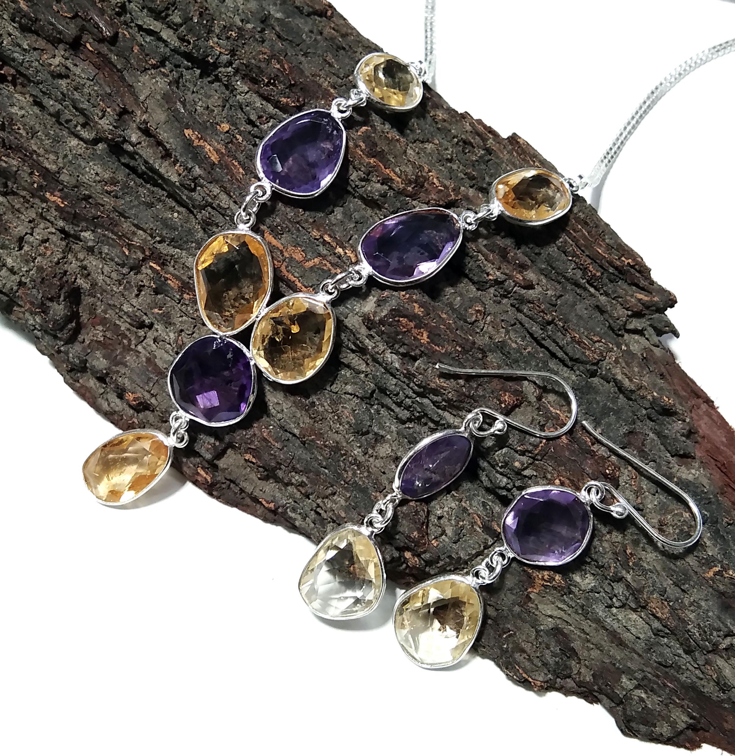 Natural Amethyst/Citrine Necklace Earring Jewelry Set, 925 Solid Sterling Silver Chain Necklace Earring Jewelry Gift For Girls & Women