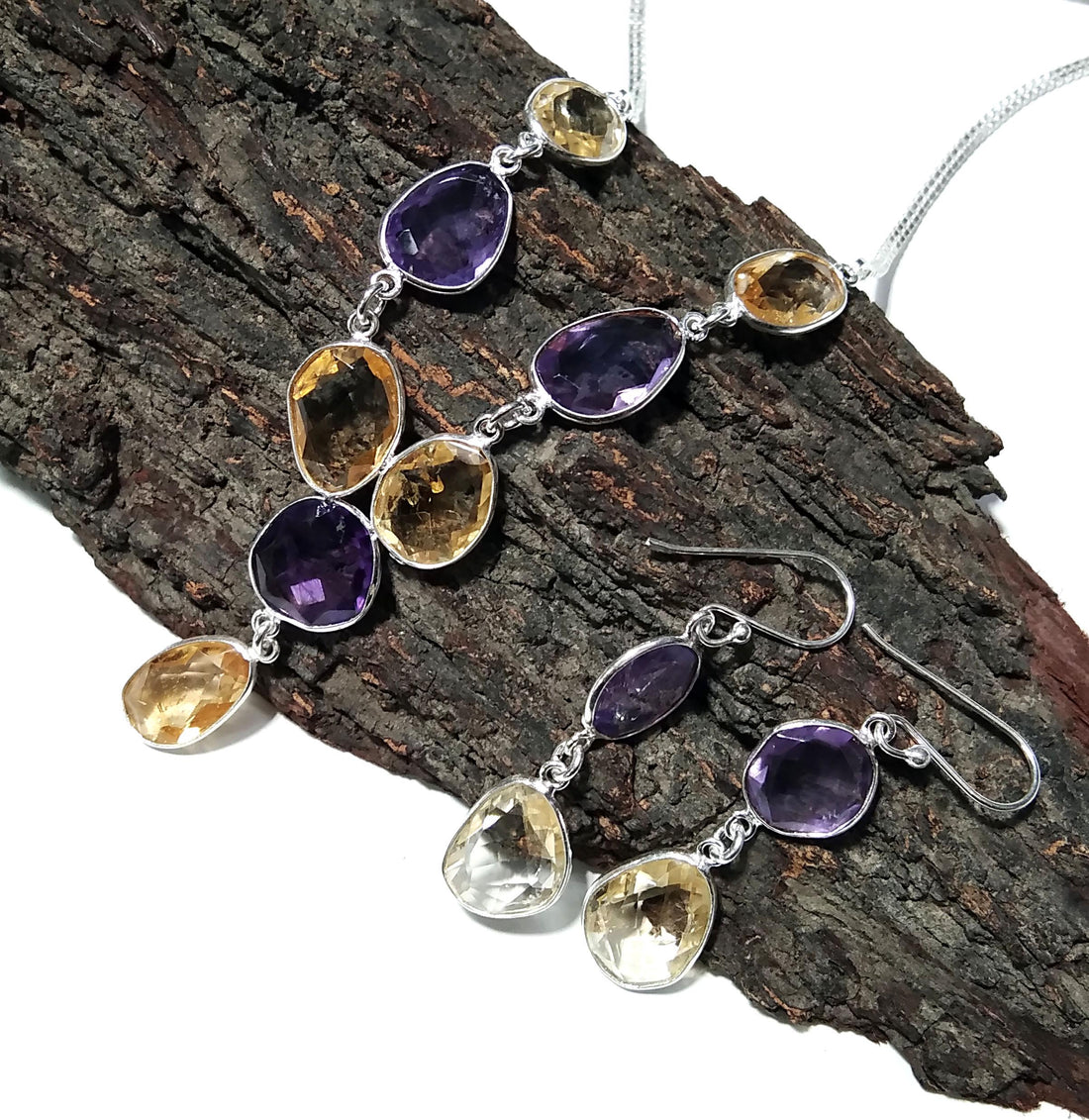 Natural Amethyst/Citrine Necklace Earring Jewelry Set, 925 Solid Sterling Silver Chain Necklace Earring Jewelry Gift For Girls & Women