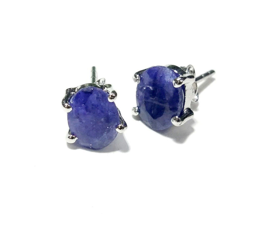 Blue Sapphire Stud Earrings, 925 Solid Silver Earring Jewelry, Sapphire Gemstone Oval Shape Stone Size 8x6mm Birthday Gift For Her Studs