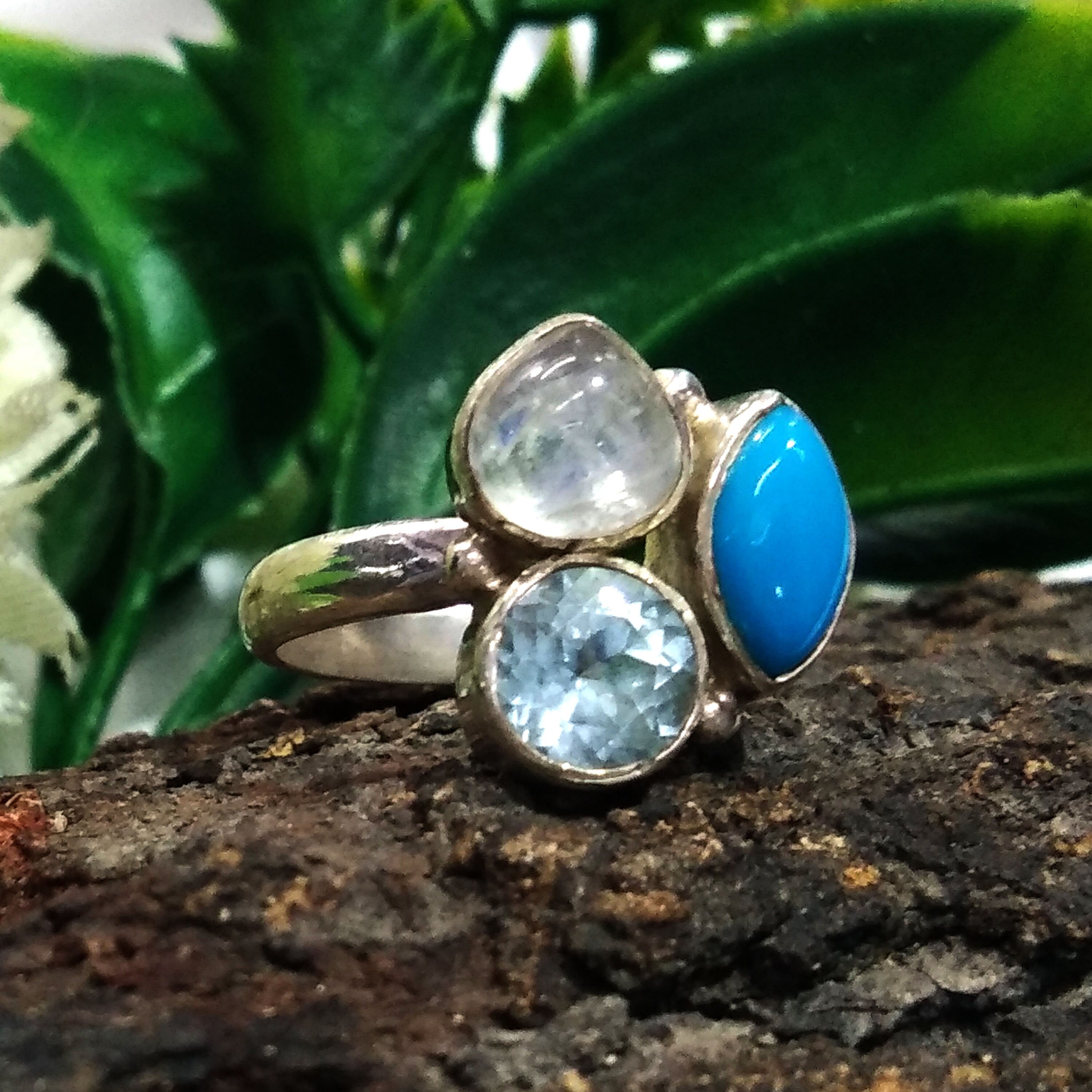 Natural Turquoise, Aquamarine, Moonstone Gemstone Ring, 925 Solid Starling Silver Ring, Stone Size Mix Handmade Birthstone Ring Gift For Her