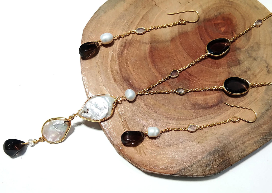 Natural Fresh Water Pearl/Smoky Quartz Stone Necklace Earring Jewelry Set, 925 Sterling Silver With Gold Plated Necklace Statement Jewelry