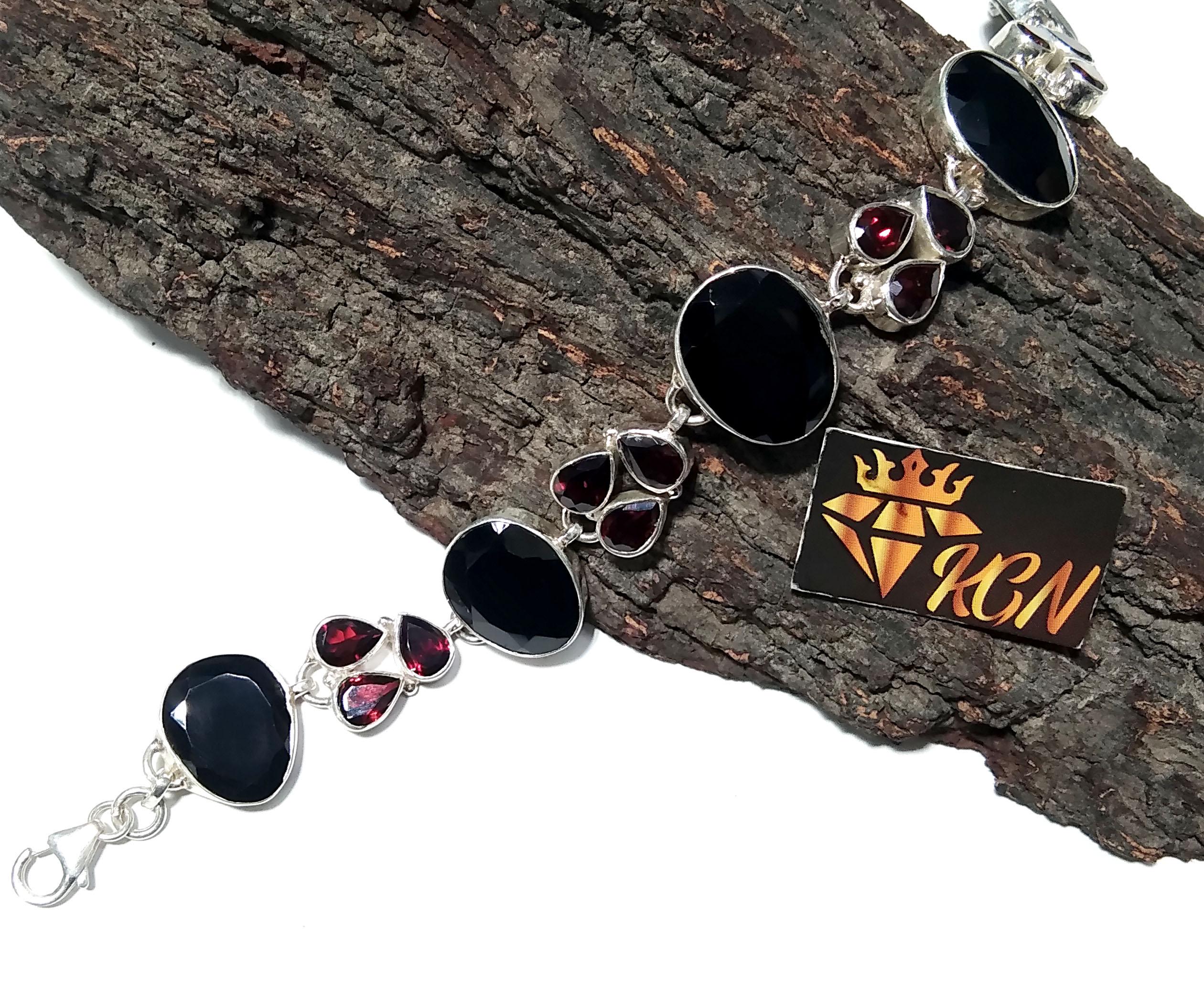 Natural Black Onyx, Garnet Gemstone Bracelet, Solid 925 Starling Silver Bracelet, 8 inches Gift Valentine day Bracelet, Handmade Jewelry