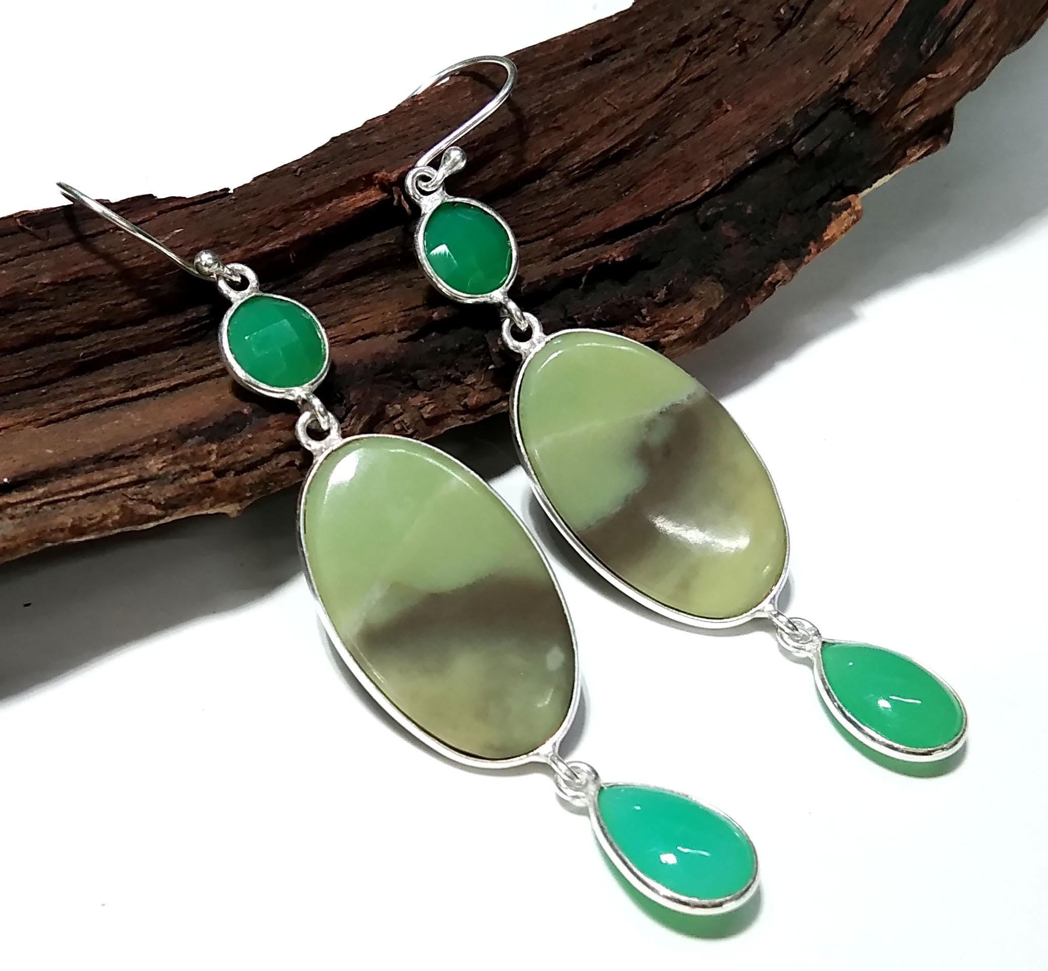 Green Serpentine,Chrysoprase Stone Drop Earring, 925 Starling Silver Earring, Amazing Quality Green Serpentine Earring, For Girls/Women