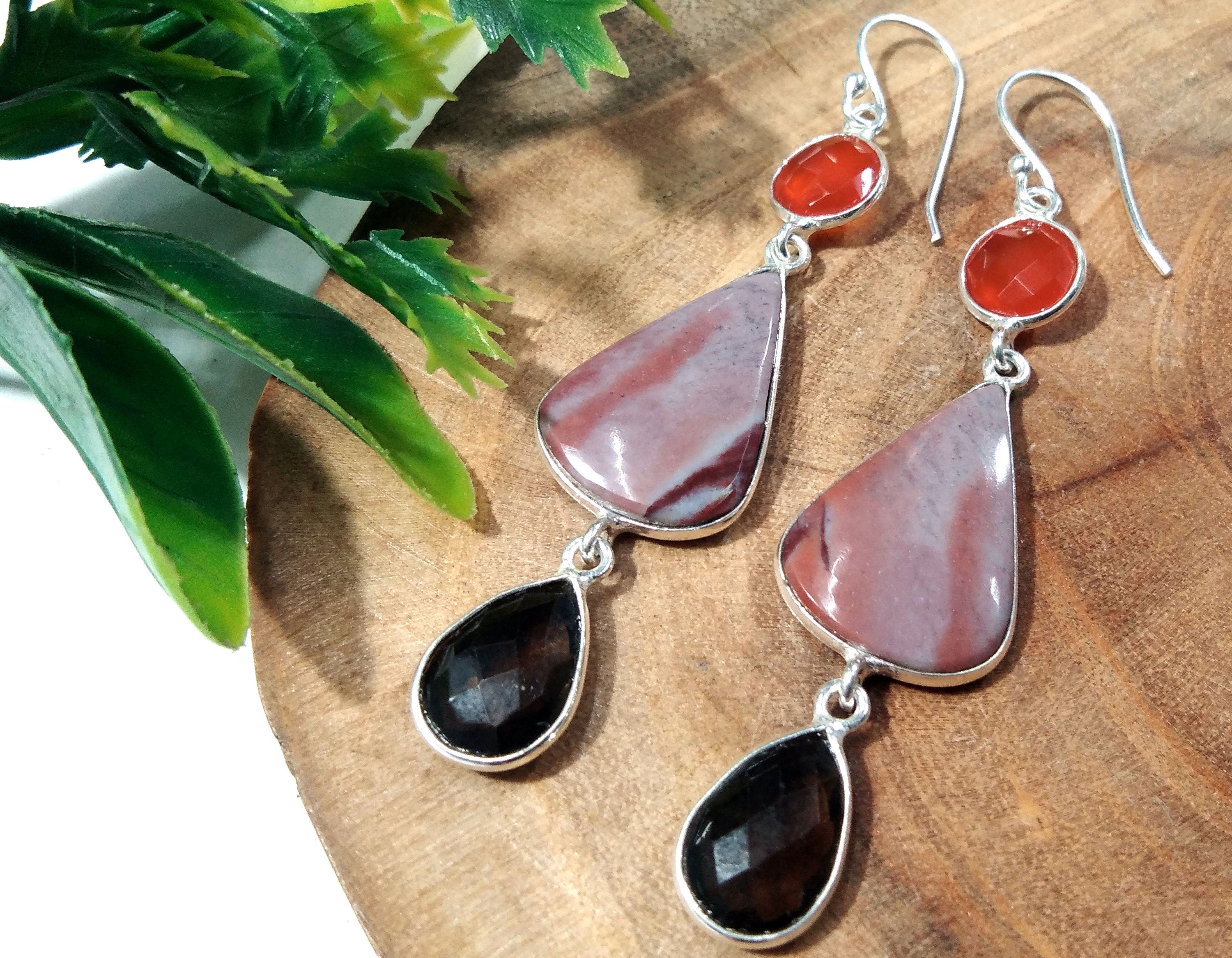 Natural Red Creek Jasper,Smoky Quartz & Carnelian Gemstone Earring, 925 Starling Silver Earring Handmade Jewelry, Gift Earring Jewelry Women