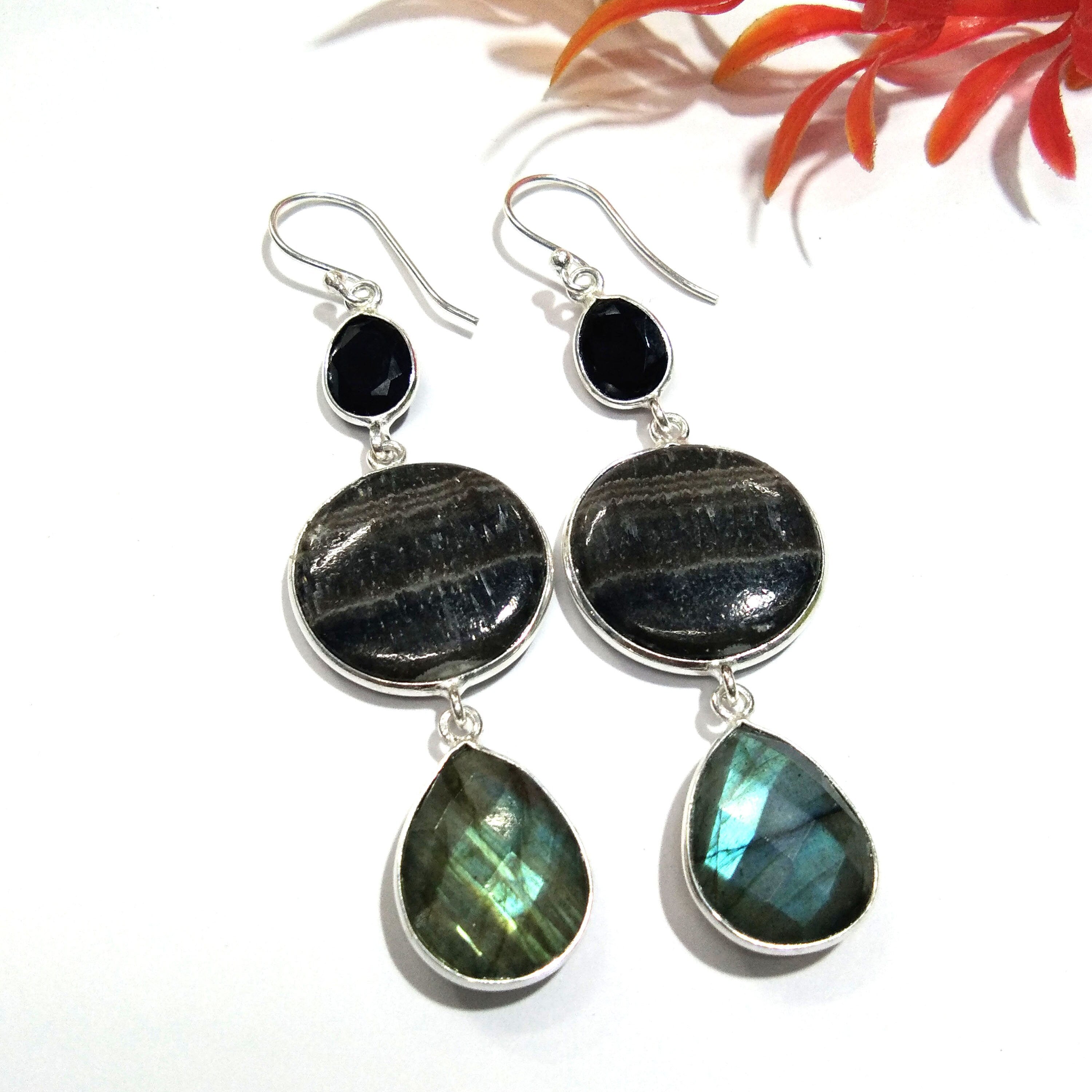 Natural Labradorite / Zebra Jasper Gemstone Earring, 925 Solid Starling Silver Earring, Stone Size 20x20mm to 17x13 mm Handmade Gift Earring