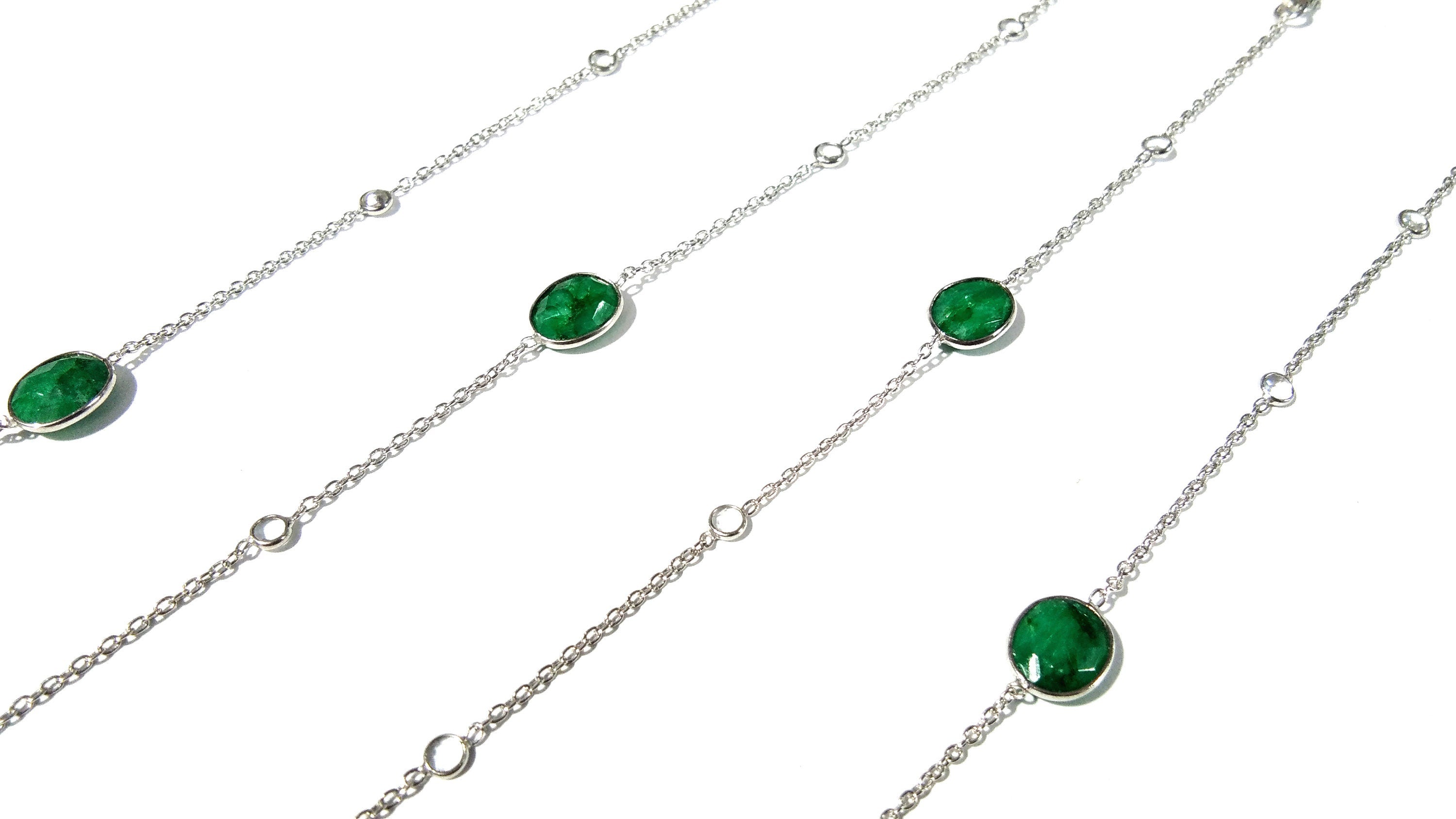 Emerald Necklace Chain,  925 Sterling Silver With Zircon Polky Necklace, Handmade Bezel Necklace, 40" Inches Length.