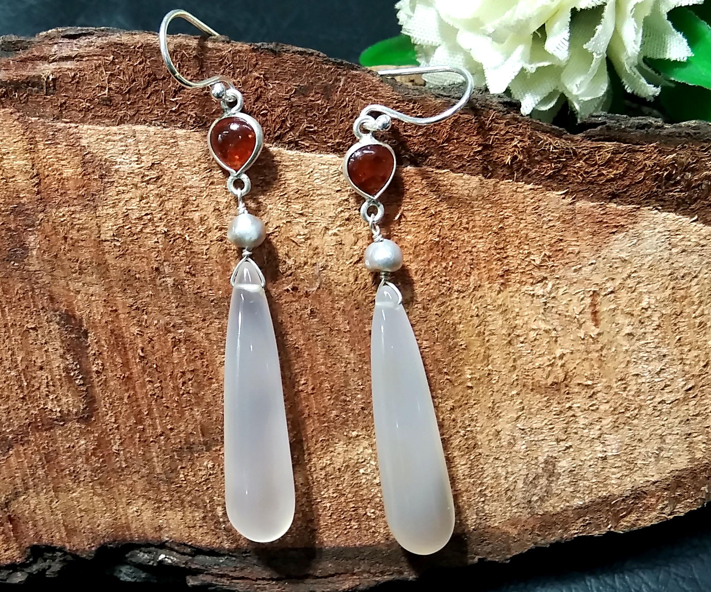 Natural Chalcedony/Yellow Garnet & Pearl Gemstone Earring 925 Starling Silver Earring Handmade Silver Jewelry Stone Earring Gift Birthday
