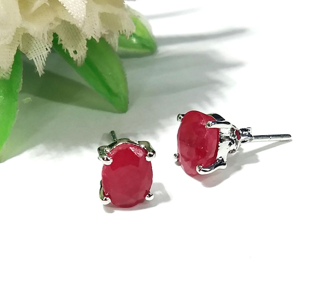 Natural Red Ruby Stud Earrings, 925 Starling Silver Earring Jewelry, Red Ruby Gemstone Oval Shape Stone Size 8x6mm Birthday Gift For Her