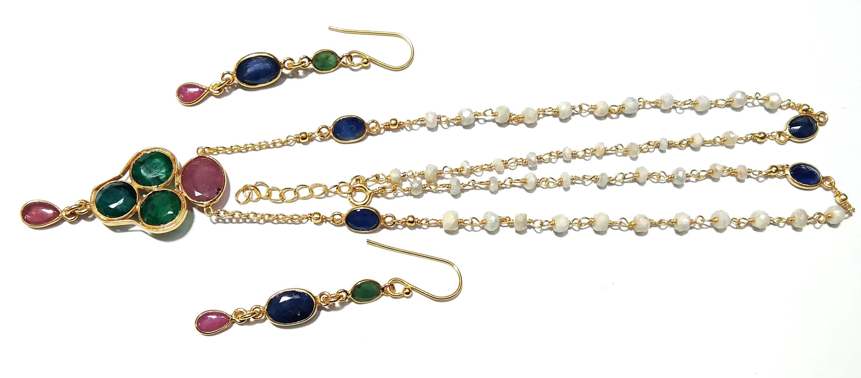 Natural Emerald/Red Ruby/Tanzanite Gemstone Necklace Earring Jewelry Set, 925 Sterling Silver With Gold Plated Necklace Beads Necklace Set