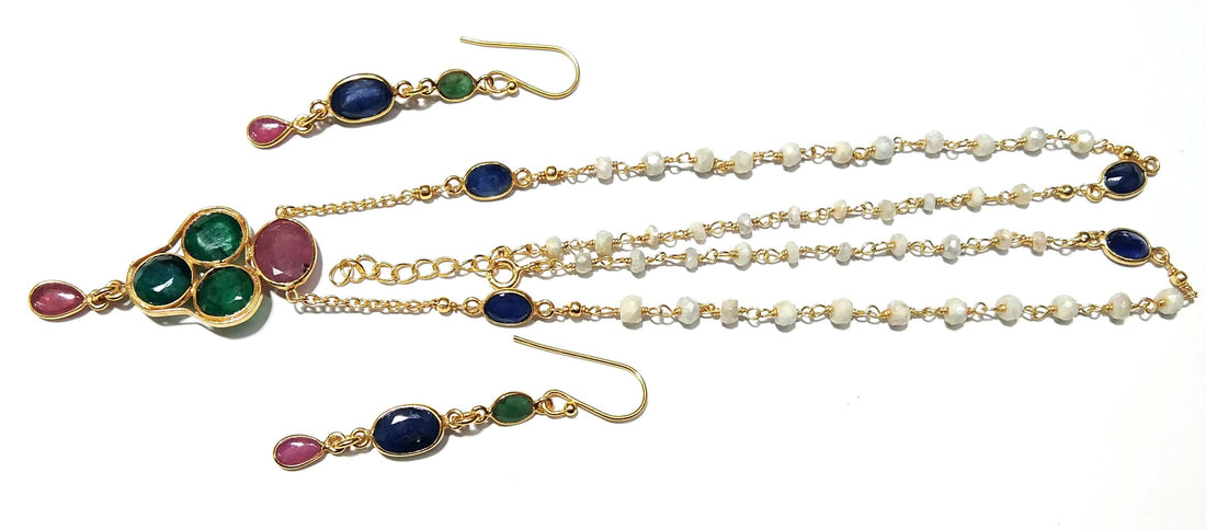 Natural Emerald/Red Ruby/Tanzanite Gemstone Necklace Earring Jewelry Set, 925 Sterling Silver With Gold Plated Necklace Beads Necklace Set