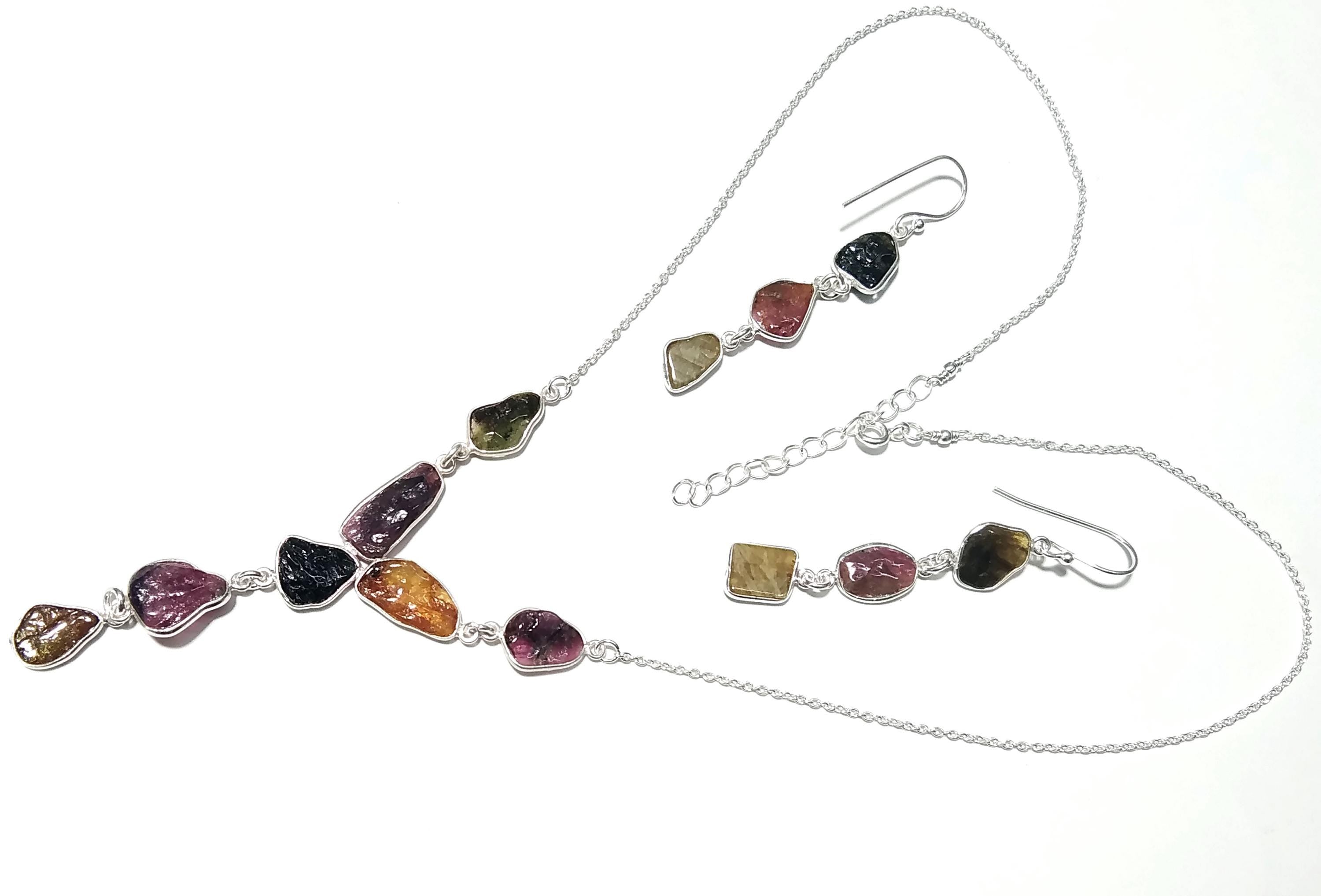 Natural Multi Tourmaline Gemstone Necklace Earring Jewelry Set, 925 Sterling Silver Necklace Earrings Jewelry, Gift For Her May Birthstone
