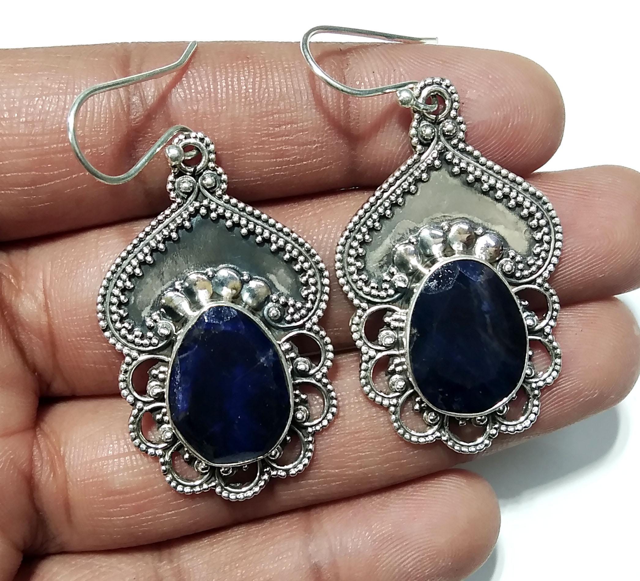 Natural Blue Sapphire Earrings Gemstone, 925 Solid Starling Silver Earring Jewelry, Oval Shape Stone Size 16x12 mm Sapphire For Gift Earring