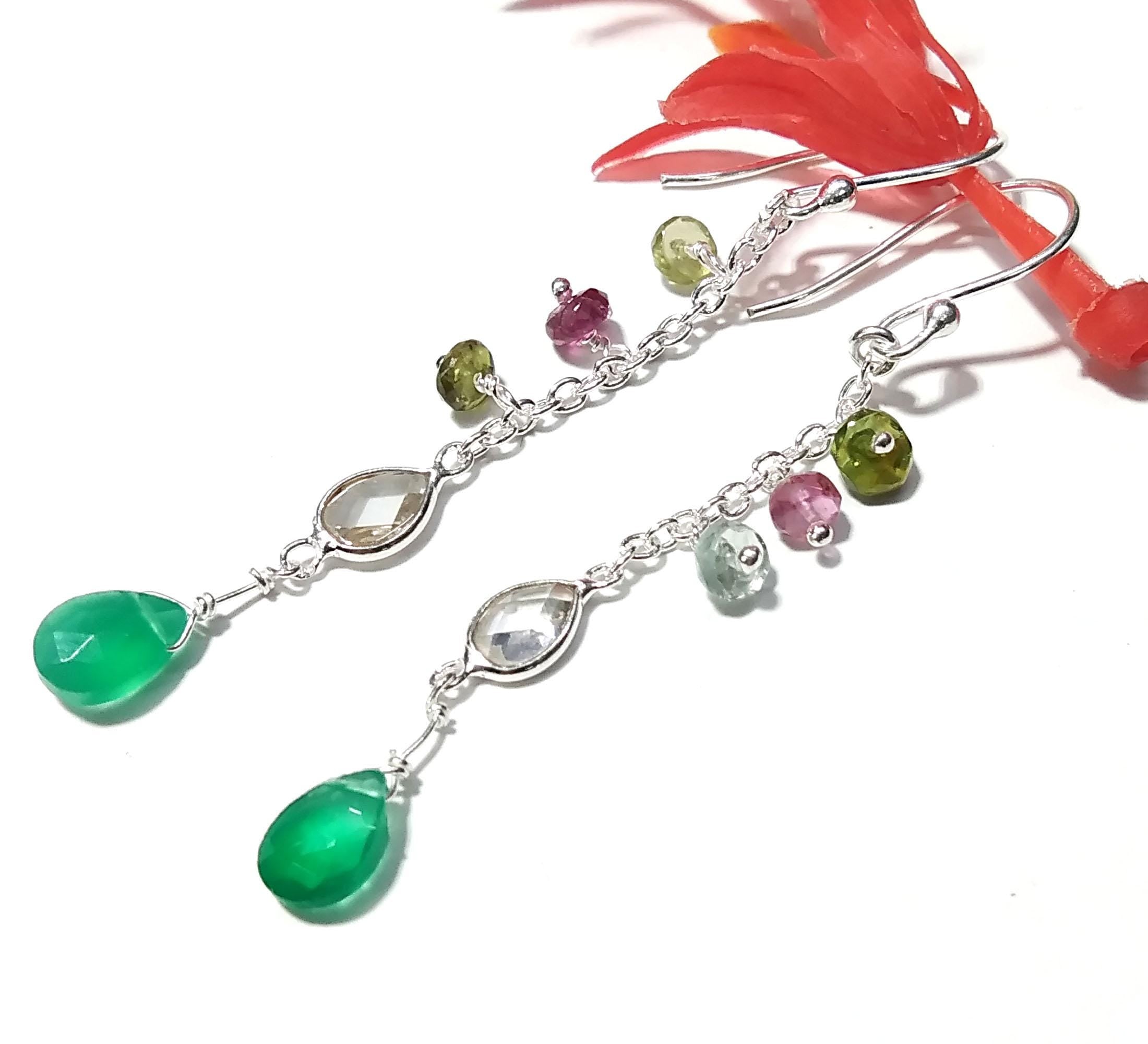 Natural Multi Tourmaline And Green Onyx Gemstone Earrings, 925 Sterling Silver Earring Handmade Making Jewelry Earring, For Girls & Women.