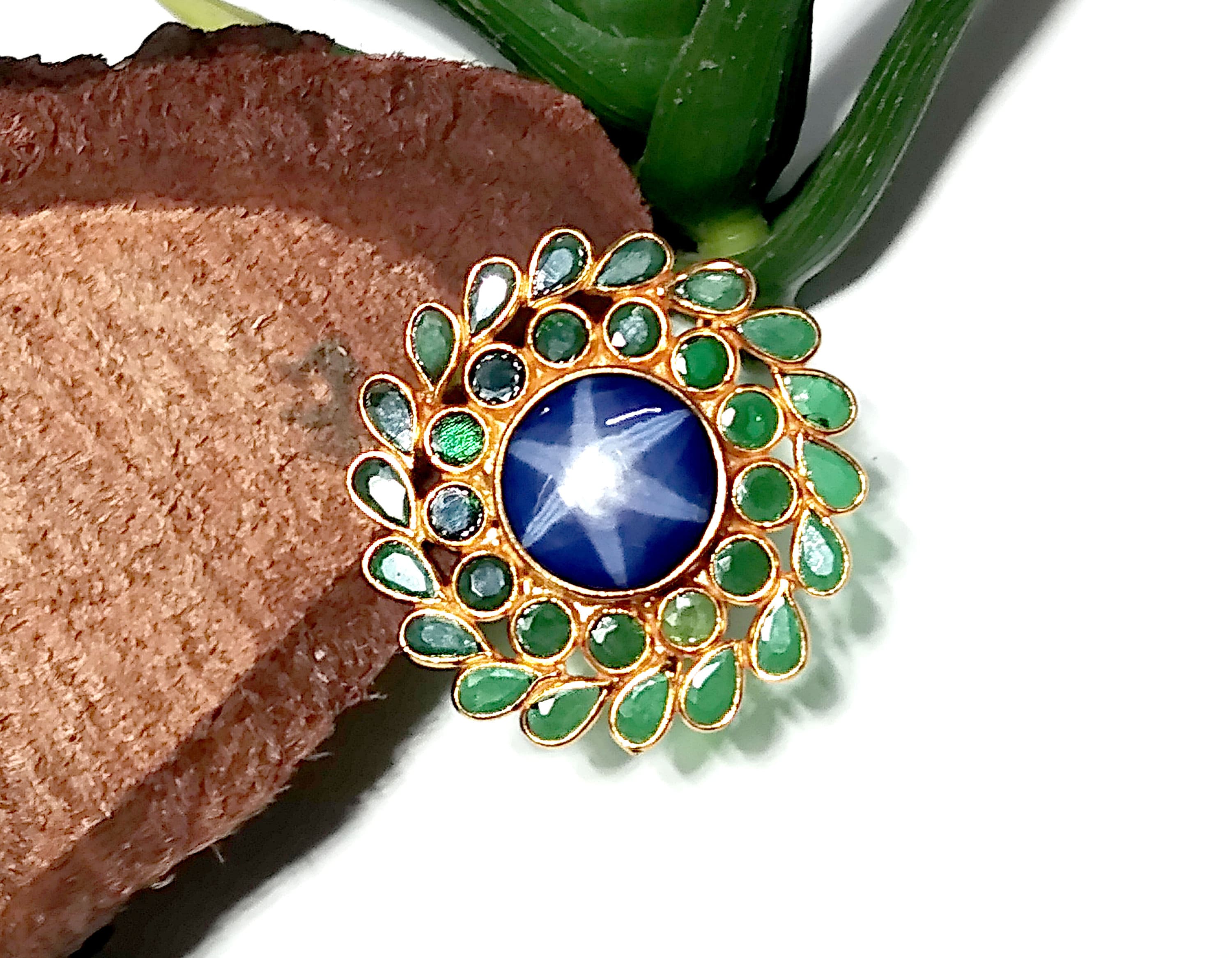 Natural Blue Sapphire Lindy Star & Green Zircon Polki Ring, 925 Silver With Gold Plated Ring, Handmade Jewelry Ring, Gift For Girls/Women