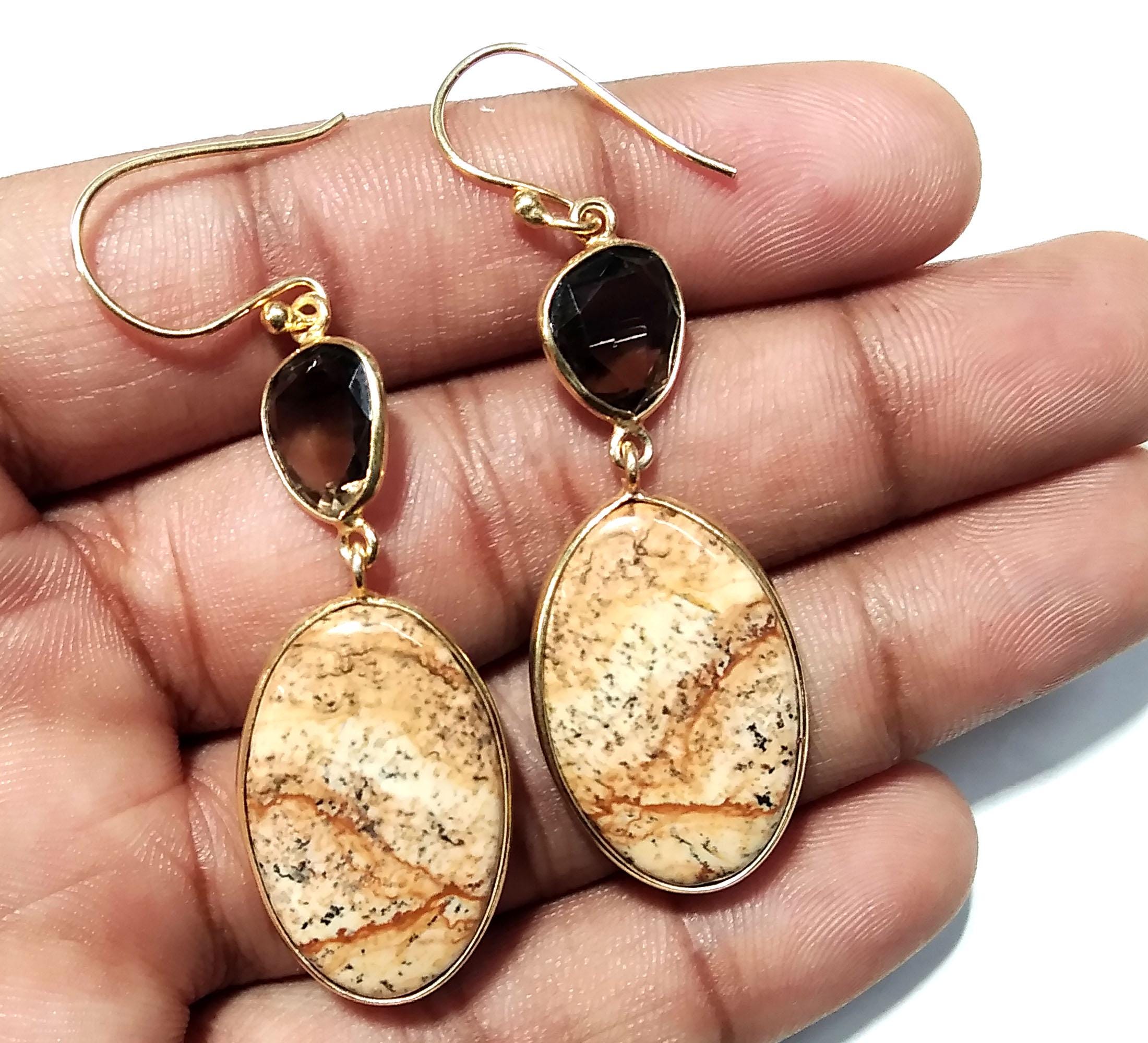 Natural Pitcher Jasper/Smoky Quartz Gemstone Earring, 925 Sterling Silver Earring Drop Dangle Stone Earring, Gift Wedding Earring Jewelry