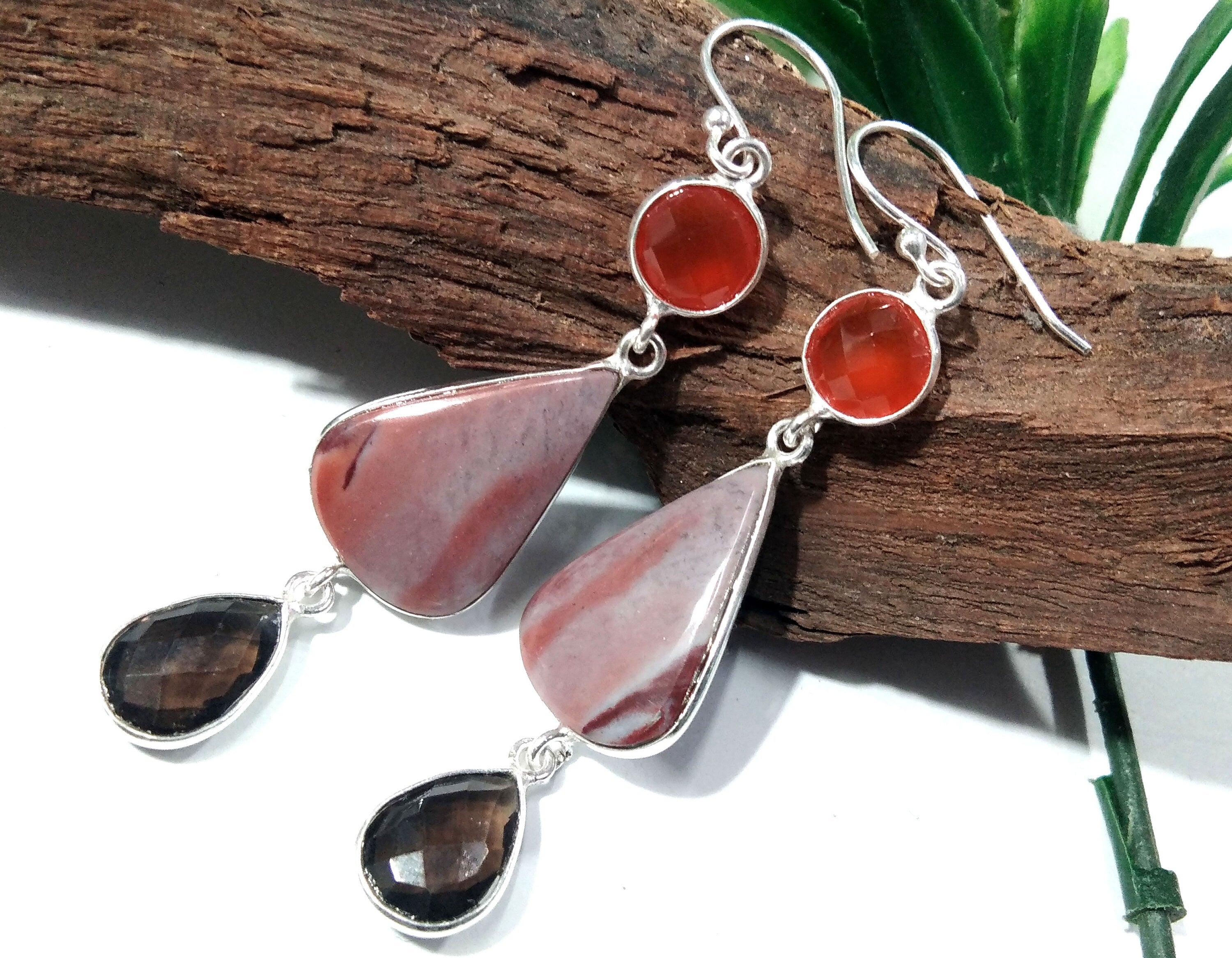Natural Red Creek Jasper,Smoky Quartz & Carnelian Gemstone Earring, 925 Starling Silver Earring Handmade Jewelry, Gift Earring Jewelry Women