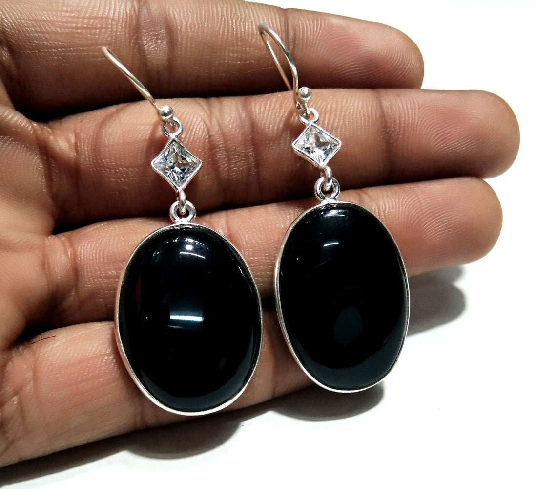 Black Onyx,Zircon Gemstone Earring, 925 Sterling Silver Earring Handmade Jewelry, Onyx Stone Size 26x18mm Earring Women Jewelry Gift For Her