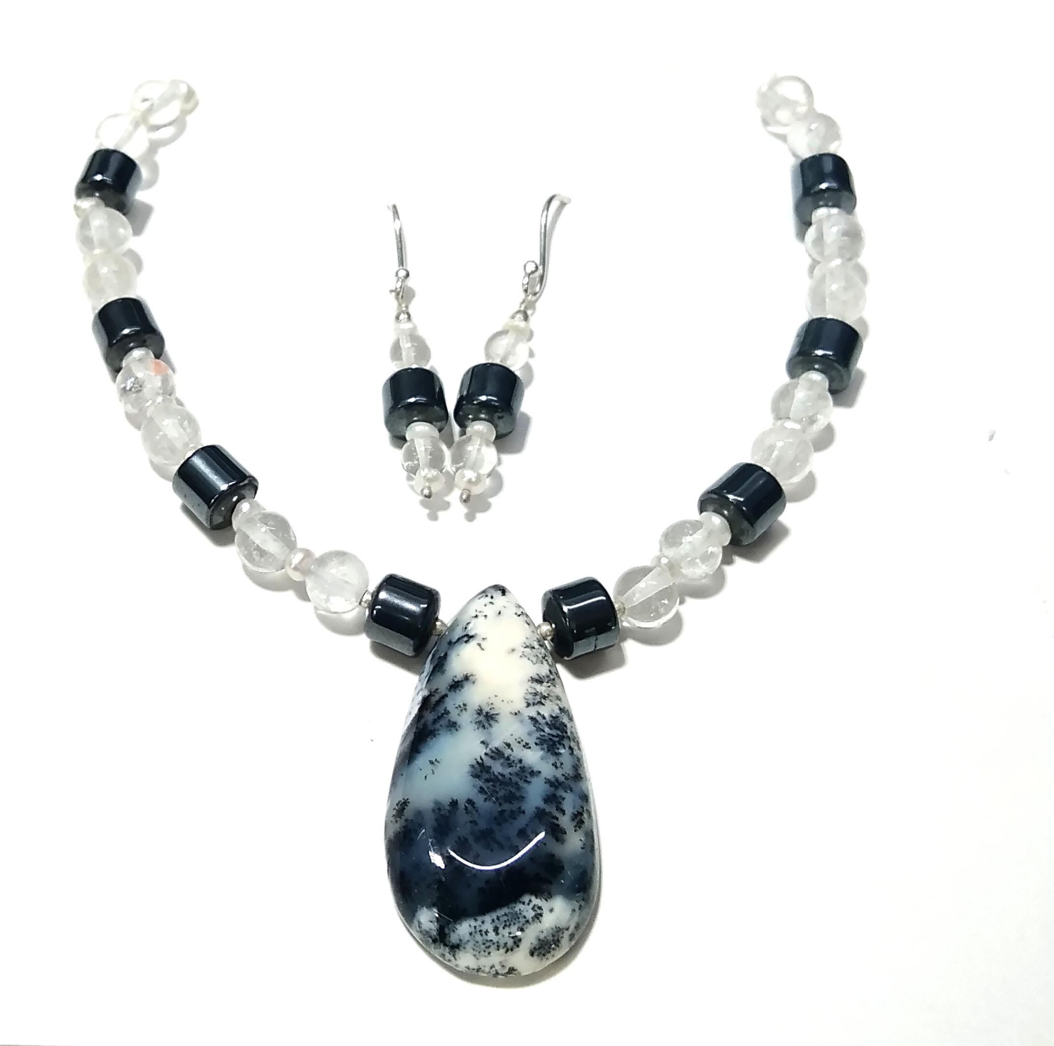 Natural Dendrite Opal/Crystal Gemstone Beads Necklace Set Jewelry, 925 Sterling Silver Necklace, Beaded Necklace Statement for Gift Jewelry