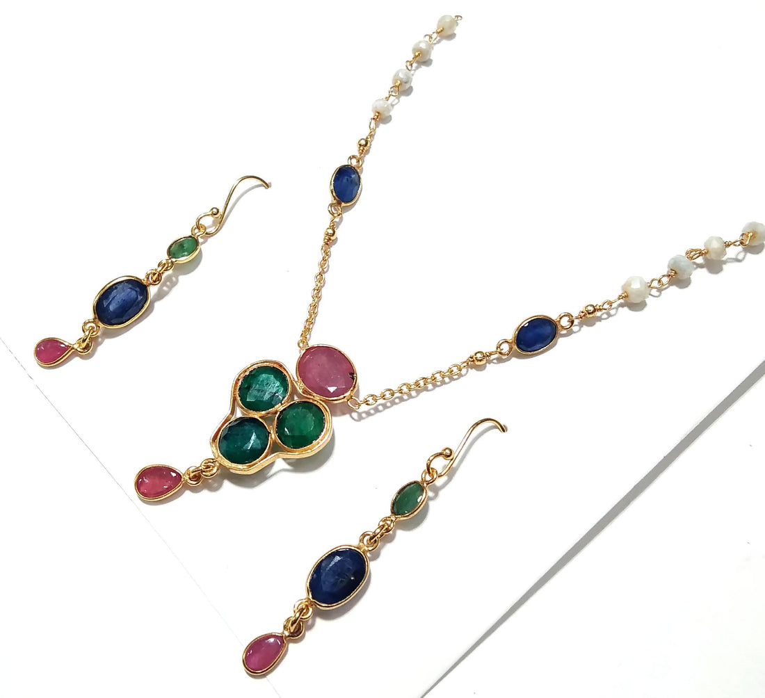 Natural Emerald/Red Ruby/Tanzanite Gemstone Necklace Earring Jewelry Set, 925 Sterling Silver With Gold Plated Necklace Beads Necklace Set