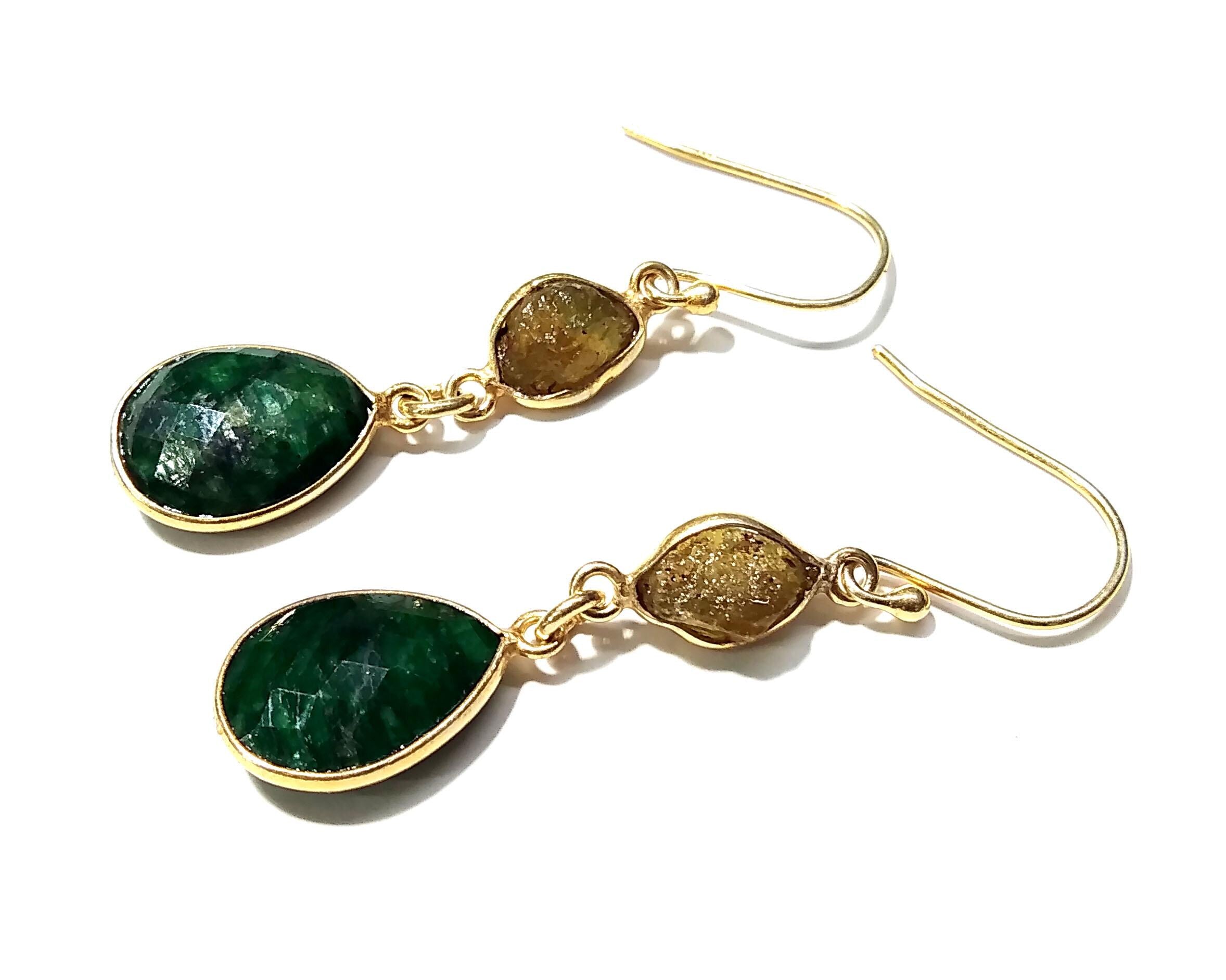 Natural Emerald Gemstone, Peridot Rough Earring, 925 Sterling Silver With Gold Plaited Earring, Beautiful Bezel Earring For Girls/Women Gift
