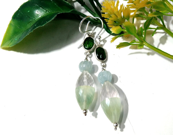 Natural Doublet Gemstone Prehnite & Rose Quartz Multi Color Earrings, 925 Sterling Silver Earring, Top Color Stone Earring Gift For Women