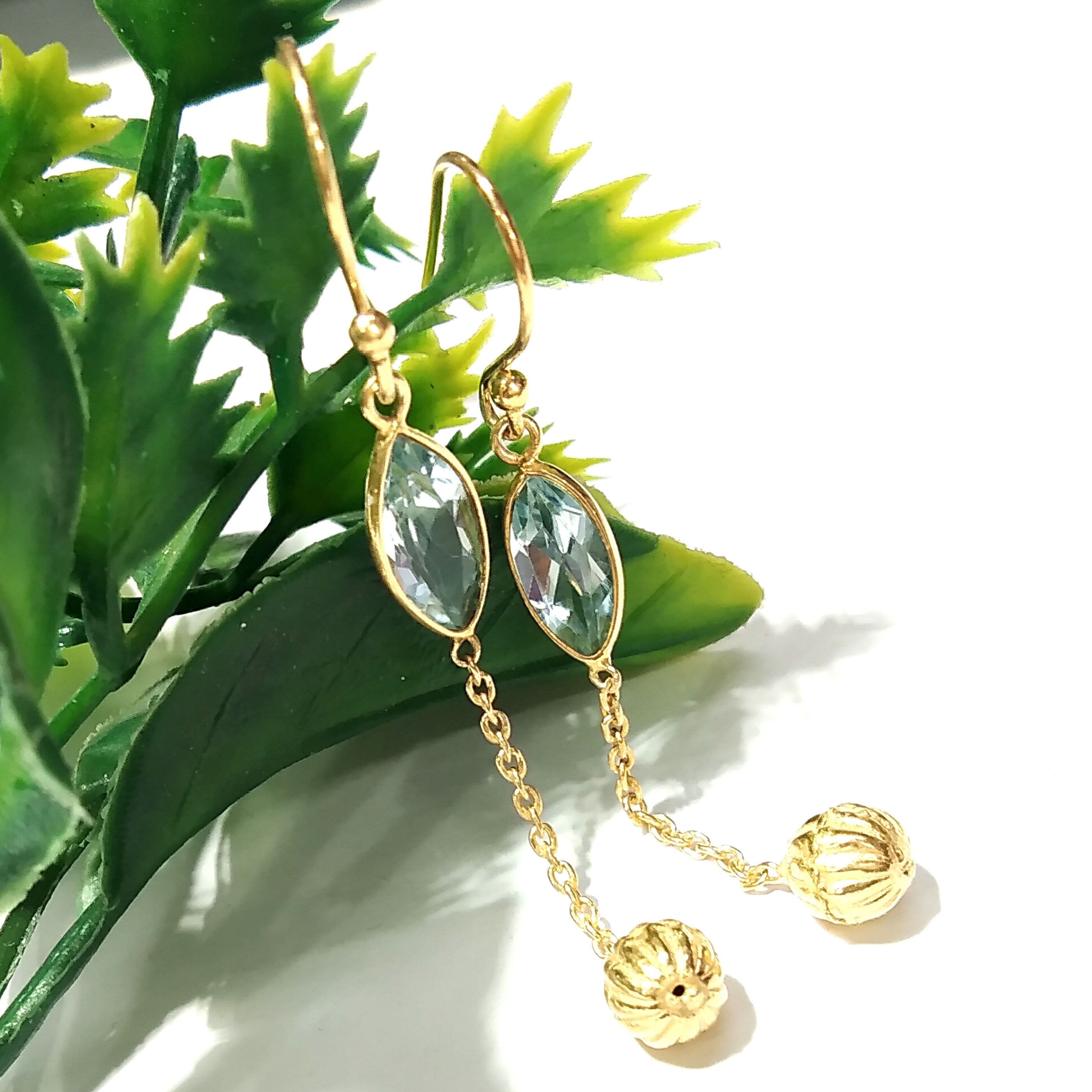 Natural Blue Topaz Gemstone Earring, 925 Sterling Silver Gold Plated Earring, Beautiful Design Blue Topaz Earring, For Gift Birthday Earring