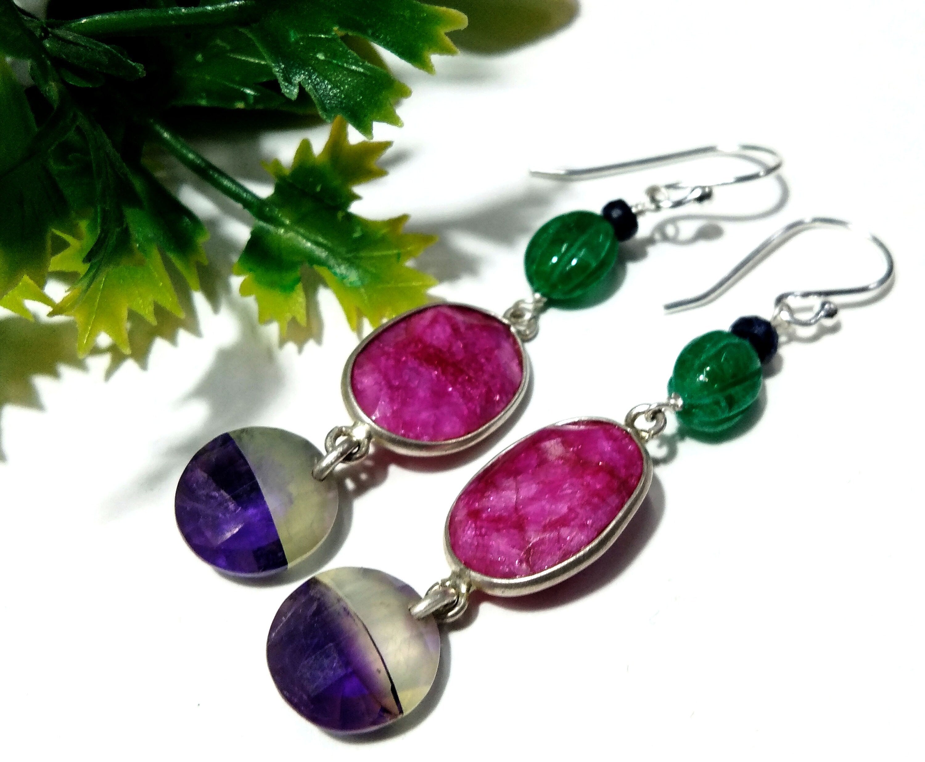 Natural Doublet Gemstone Amethyst & Ruby Multi Stone Earring, 925 Sterling Silver Earring Jewelry, For Girls/Women, Gift Earring