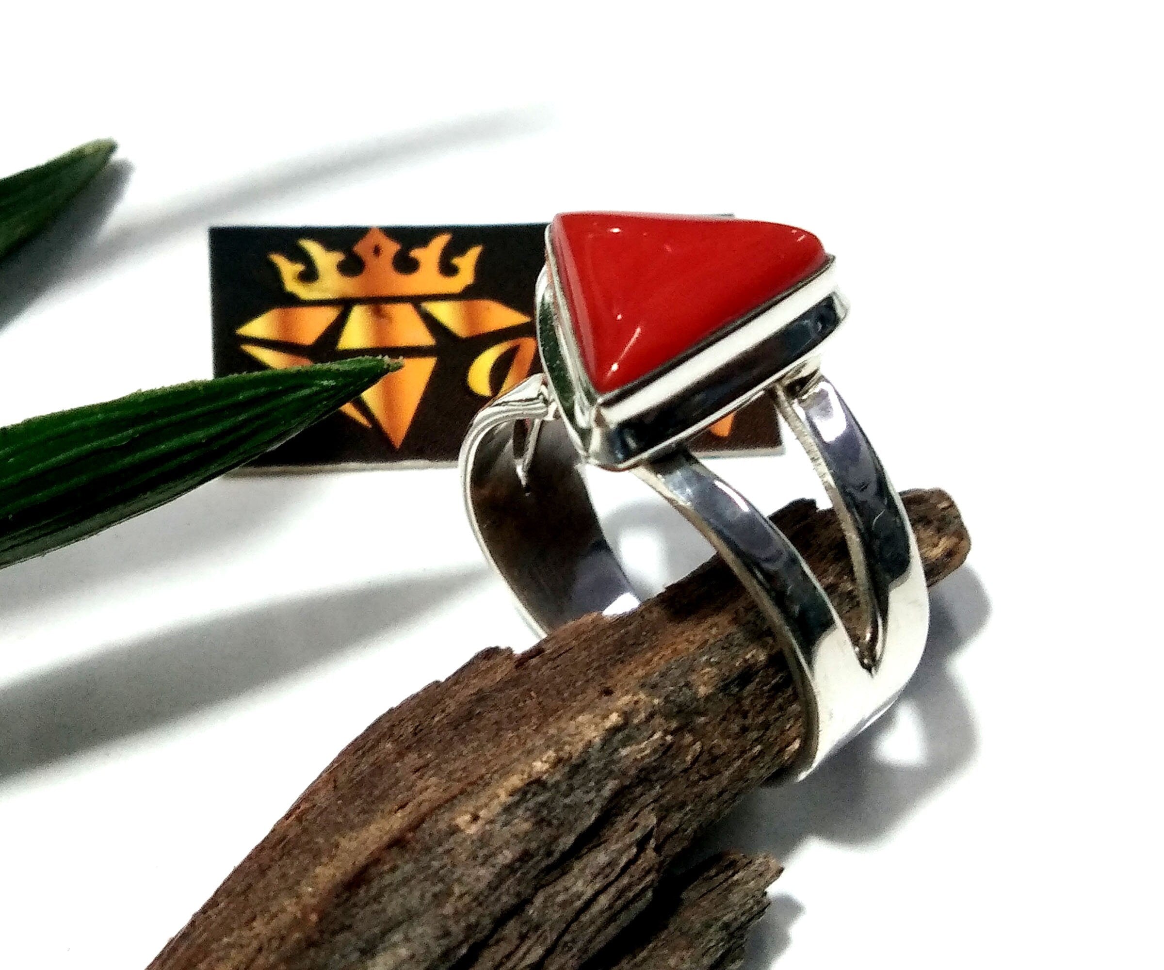 Natural Italian Red Coral Ring, Beautiful Coral Trillion Shape Handmade Ring, 925 Sterling Silver Ring, Wedding & Anniversary Gift Ring