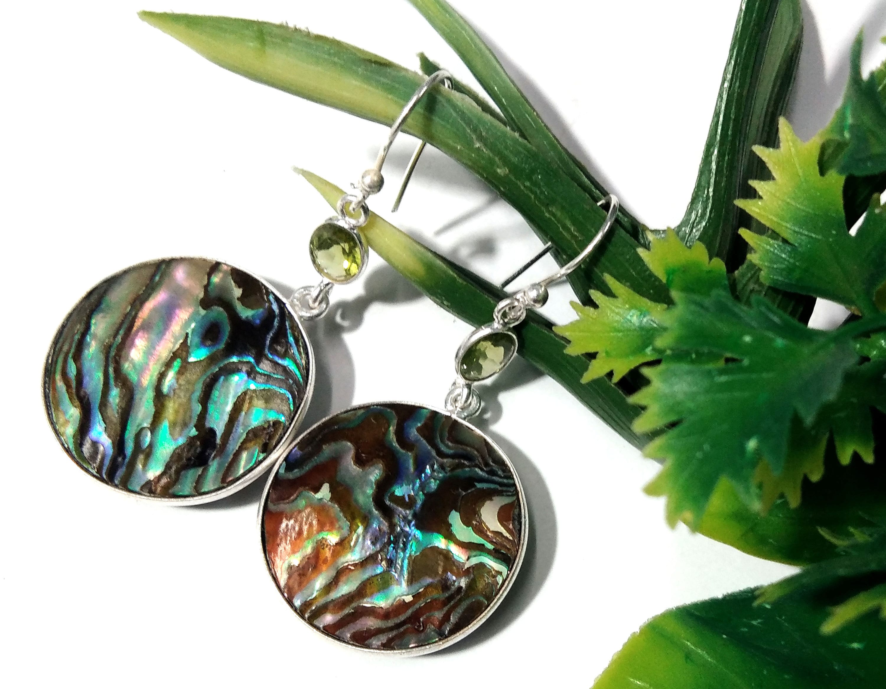 Natural Abalone Shell/Peridot Gemstone Earring, 925 Sterling Silver Earring Jewelry, Handmade Earring For Gift Birthday Girls/Women Jewelry