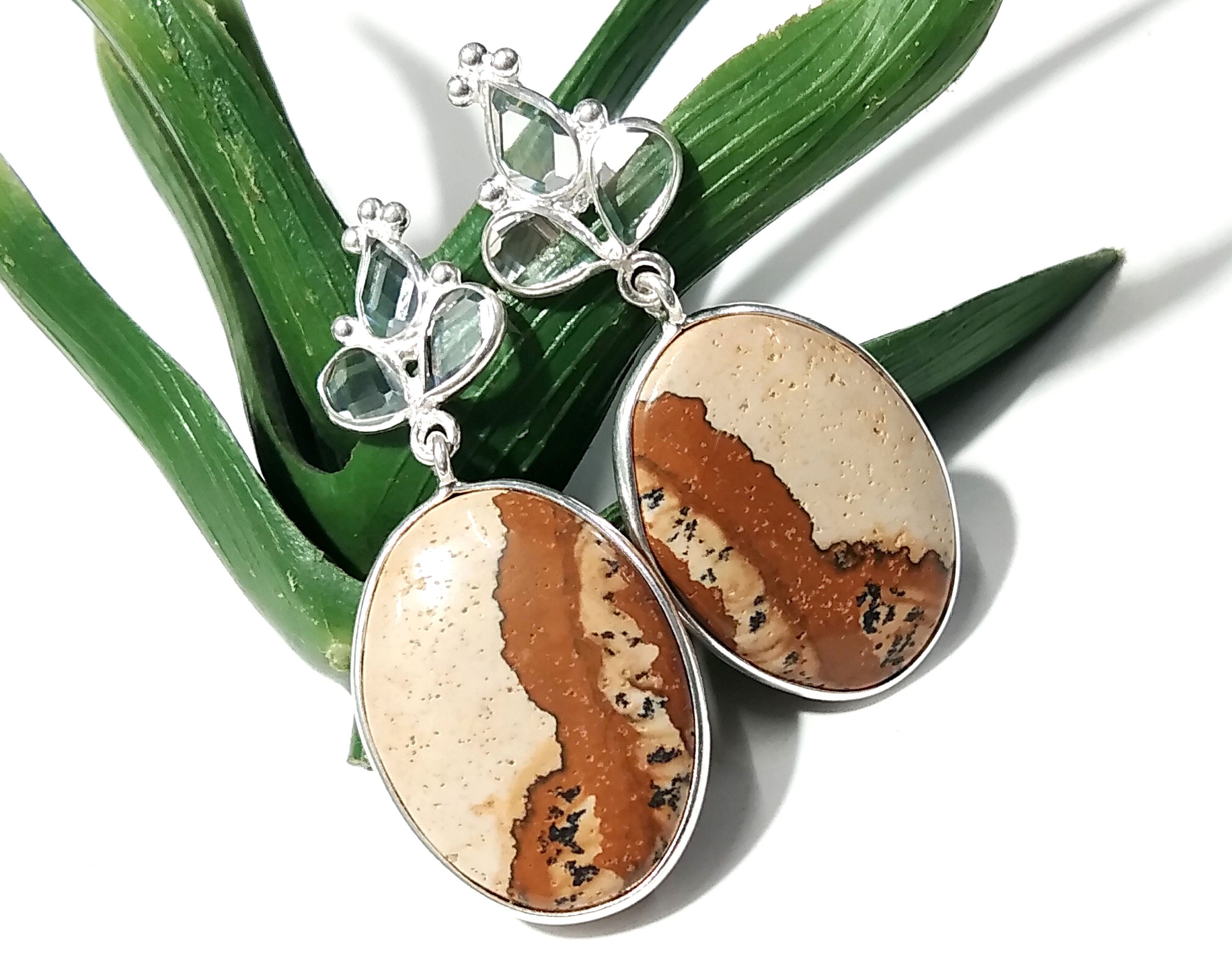 White Zircon & Picture Jasper Earrings, 925 Silver With Natural Gemstone Zircon Faceted And Picture Jasper Earring, For Girls/Women.