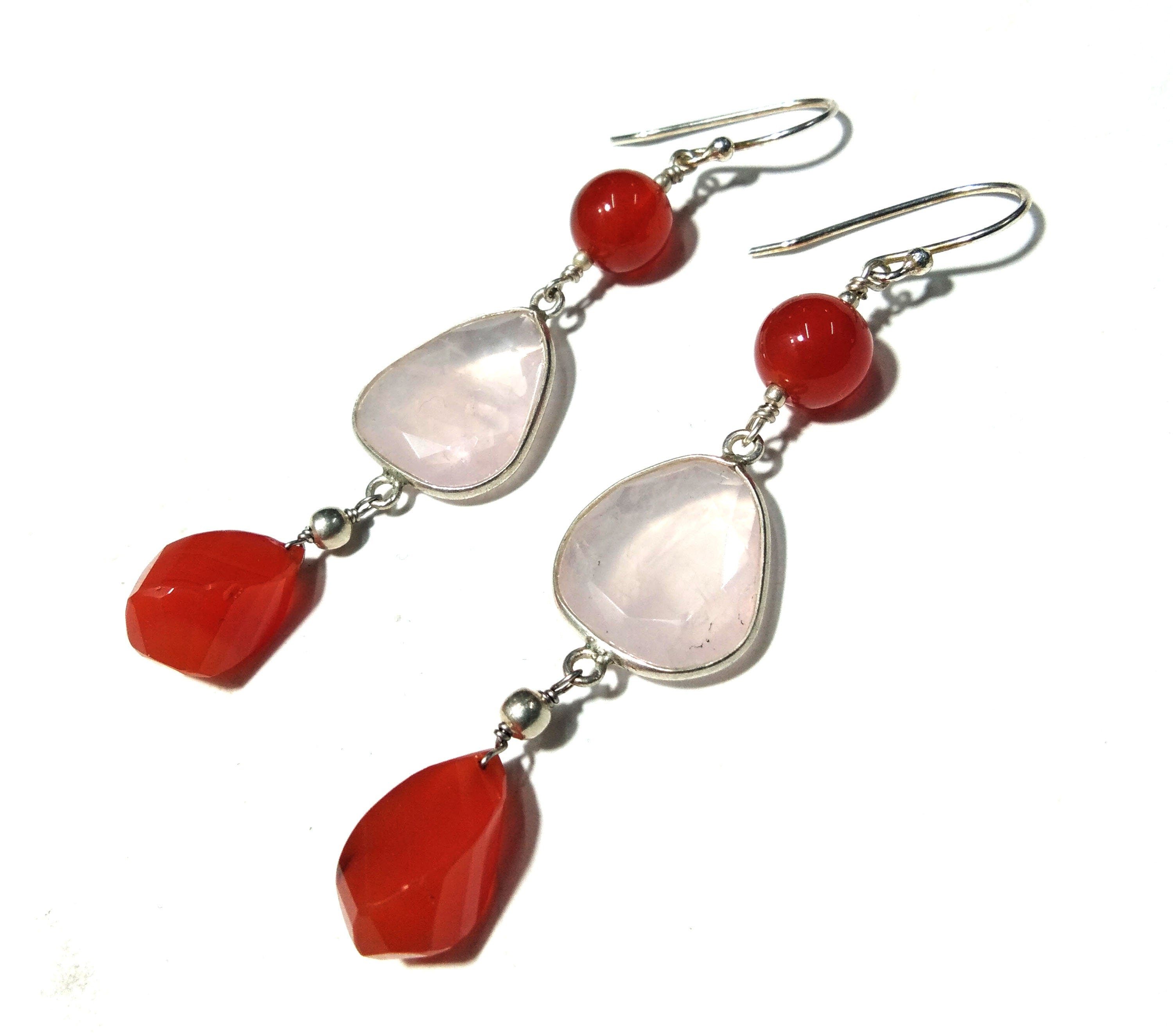 Natural Carnelian, Rose Quartz Earrings, 925 Solid Starling Silver Earring, Carnelian Stone Handmade Earring, Gift Women Wedding Earring