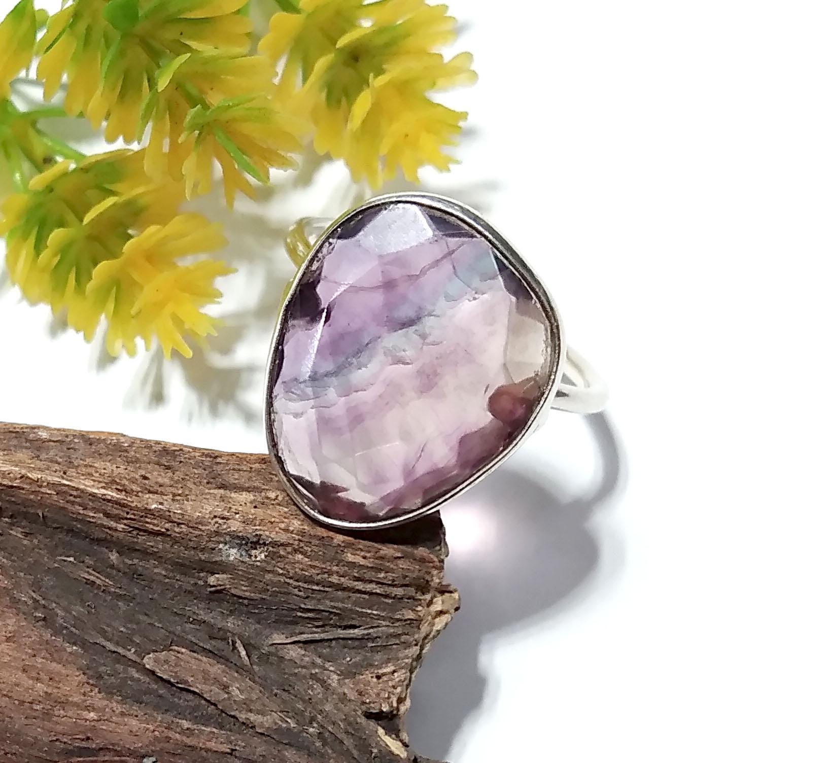 Natural Green And Purple Fluorite Ring, 925 Solid Sterling Silver Ring, Stone Size 17x14mm Handmade Silver Ring, Crystal Ring For Women Gift