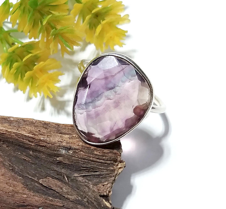 Natural Green And Purple Fluorite Ring, 925 Solid Sterling Silver Ring, Stone Size 17x14mm Handmade Silver Ring, Crystal Ring For Women Gift