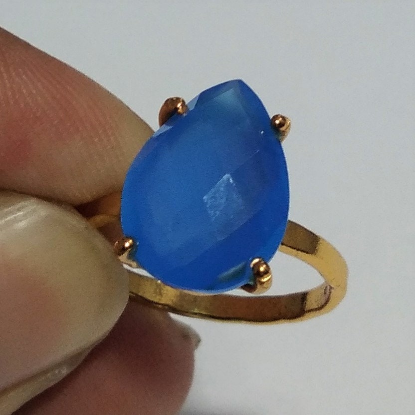 Natural Blue Chalcedony Gemstone Ring, 925 Solid Sterling 18k Gold Plated Silver Ring, Chalcedony Stone Size 14x10 mm Gift Mother's day Ring