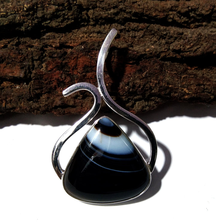 Natural Black Banded Agate Stone Pendant, Solid 925 Sterling Silver Pendant, Design Pendent Jewelry, Gift Birthday Pendant Jewelry