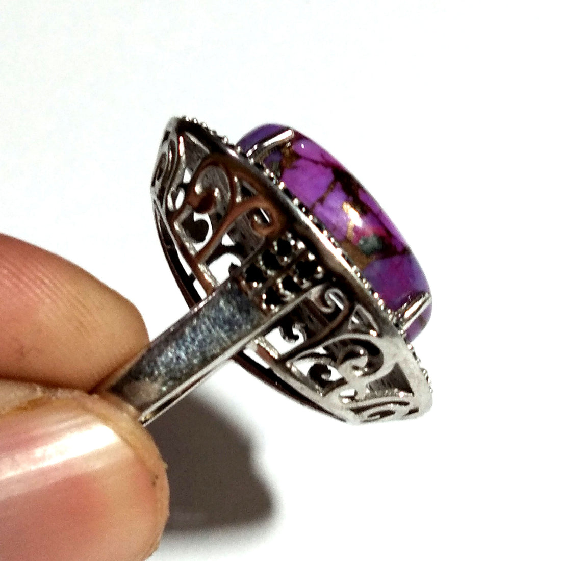 Purple Copper Turquoise and Zircon Ring, Solid 925 Starling Silver Ring, Turquoise Black Zircon Ring Jewelry, Oval Shape For Gift Rings