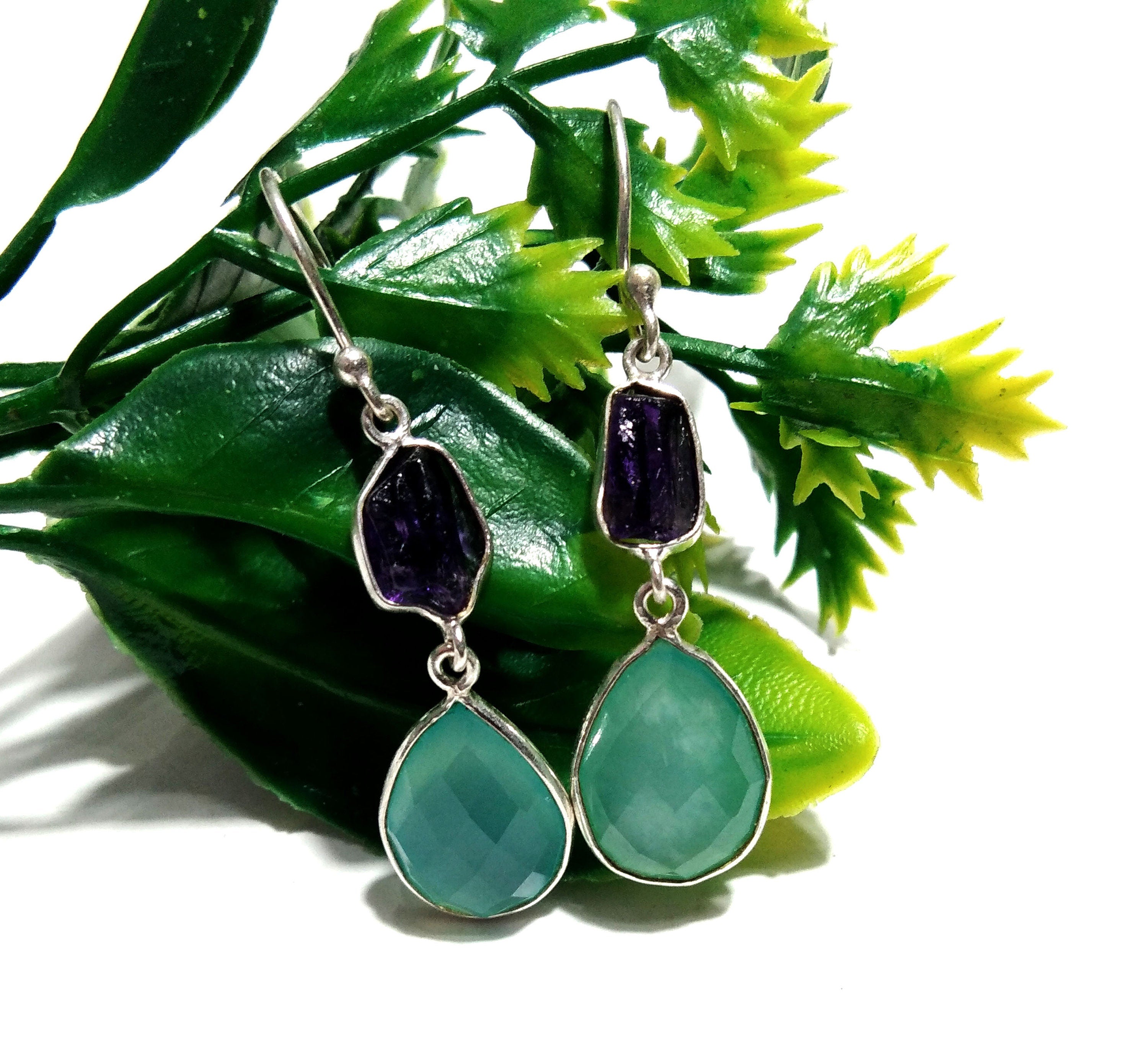Natural Aqua Chalcedony, Amethyst Raw Stone Earring, 925 Sterling Silver Earrings, Handmade Making Jewelry Earring, Gift For Girls & Women.