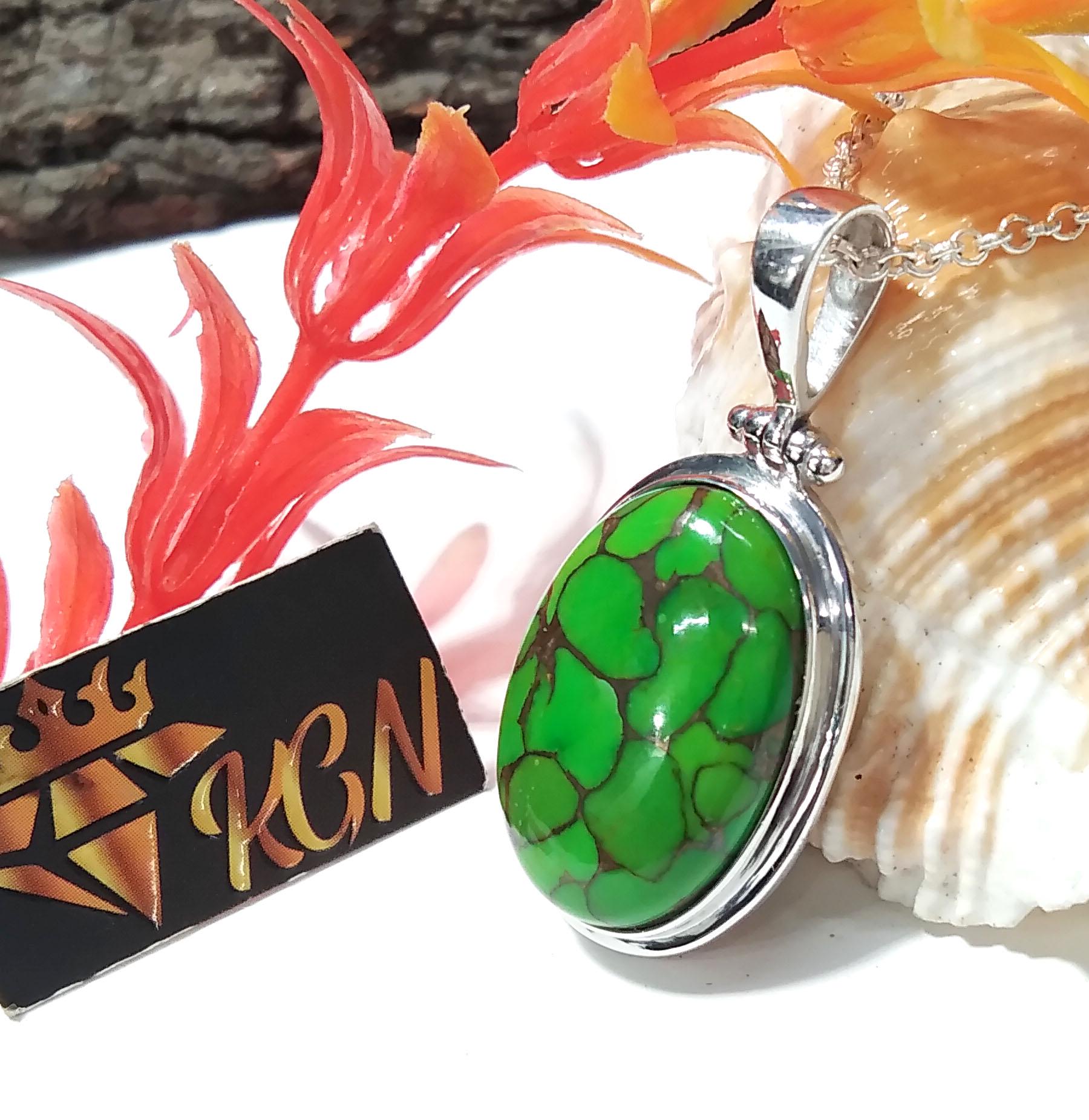 Natural Green Copper Turquoise Pendant Chain Necklace, 925 Starling Silver Pendant, Nice Green Color Pendant, Gift Wedding Pendant Jewelry