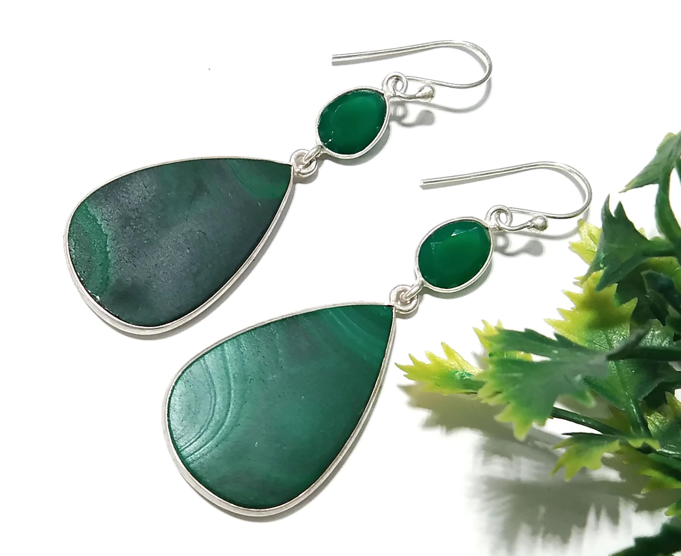 Malachite And Green Onyx Stone Earring, 925 Starling Silver Earring, Natural Malachite Stone Handmade Gift Women Bridesmaid Earring Stone