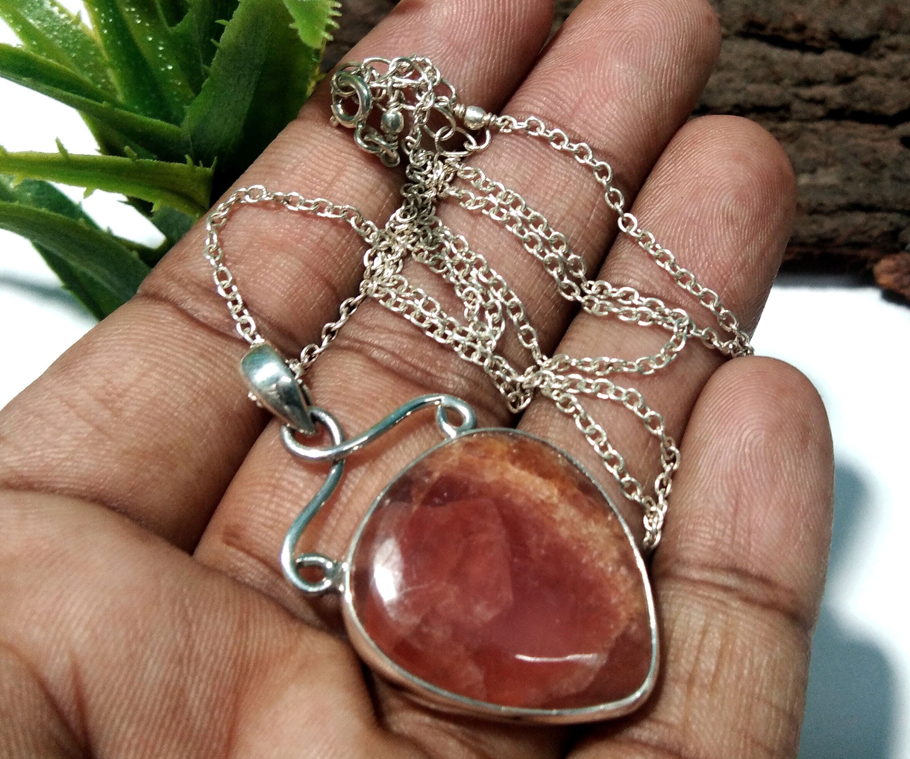 Natural Rhodochrosite Gemstone Pendant Chain Necklace, 925 Starling Silver Pendant Jewelry Heart Shape For Gift Easter Chain Pendant