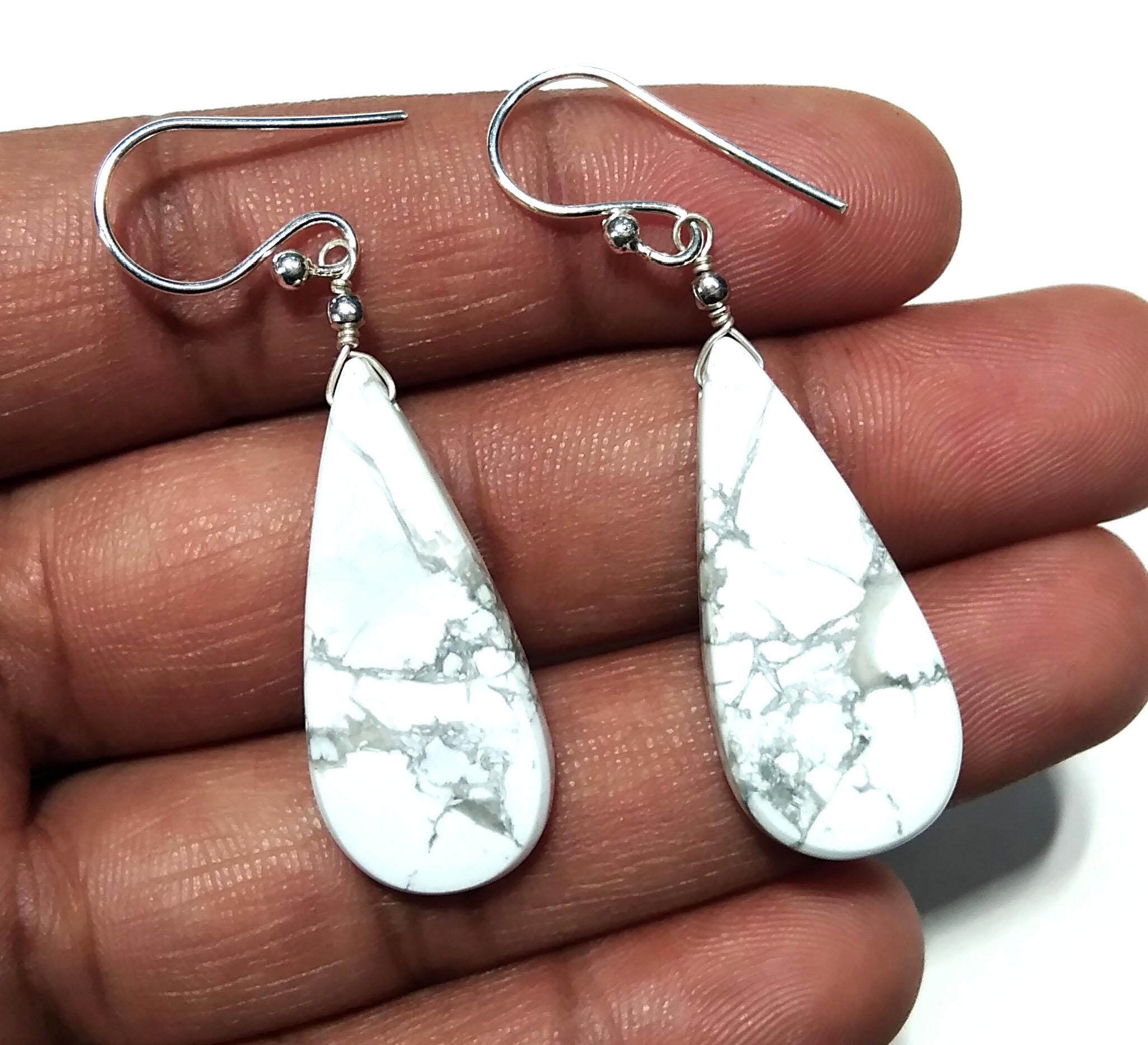 Natural White Buffalo Gemstone Earring, Solid 925 Starling Silver Earring, Beautiful White Buffalo Stone Size 30x13mm Gift For Girls & Women